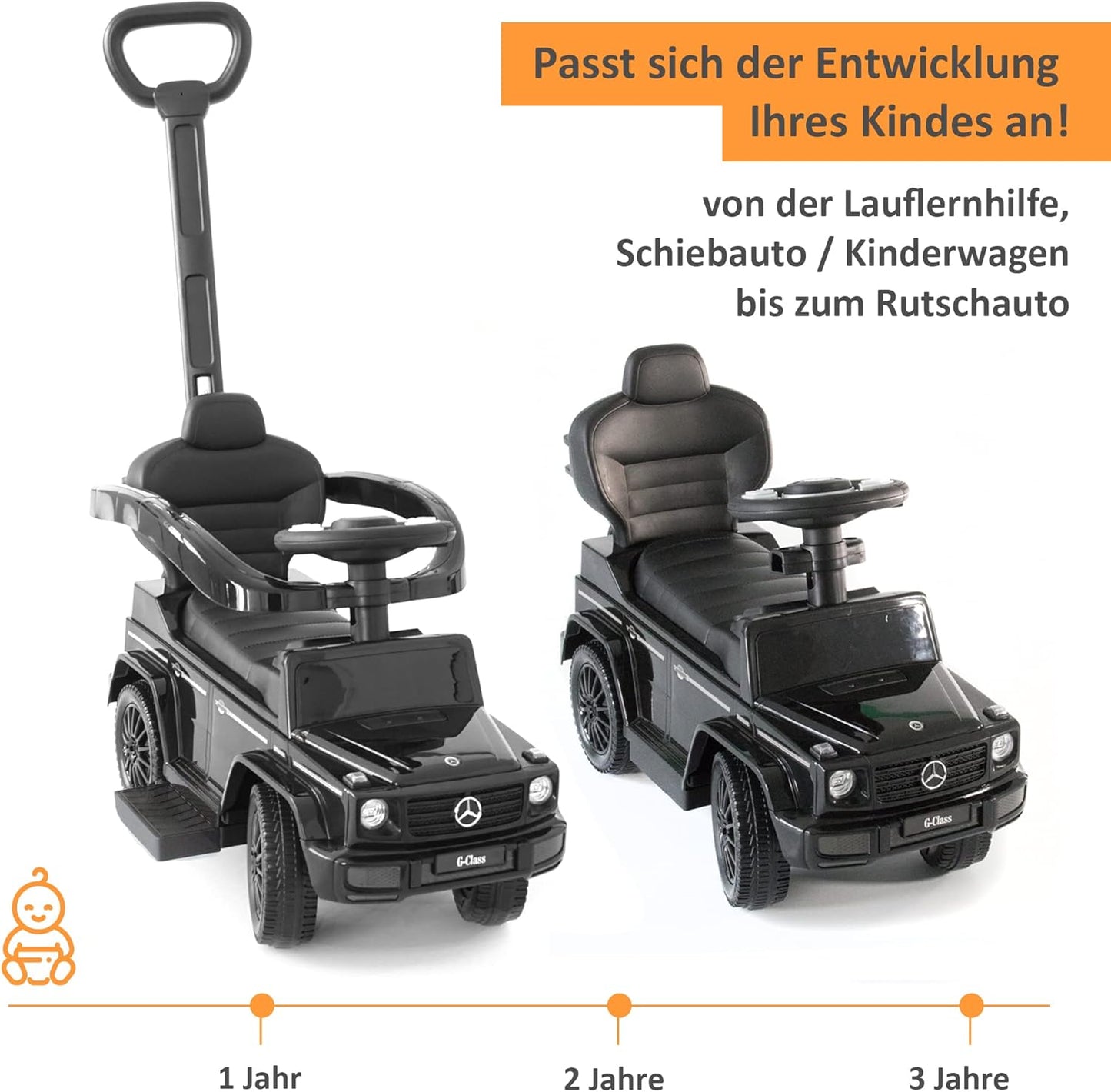 Rutschauto mit Schiebestange, Schwarz