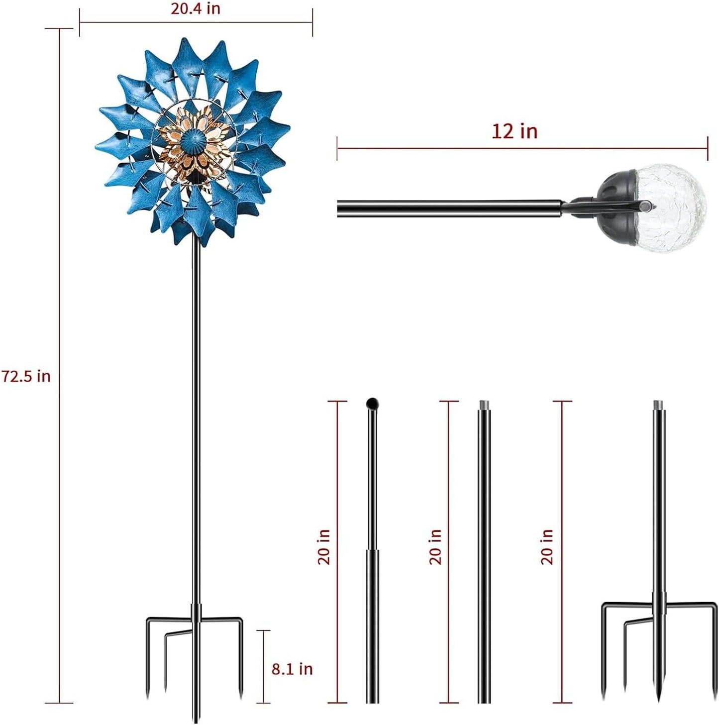 Windspinner mit Solarlicht, Durchmesser ca. 8 Zoll, Höhe ca. 12 Zoll