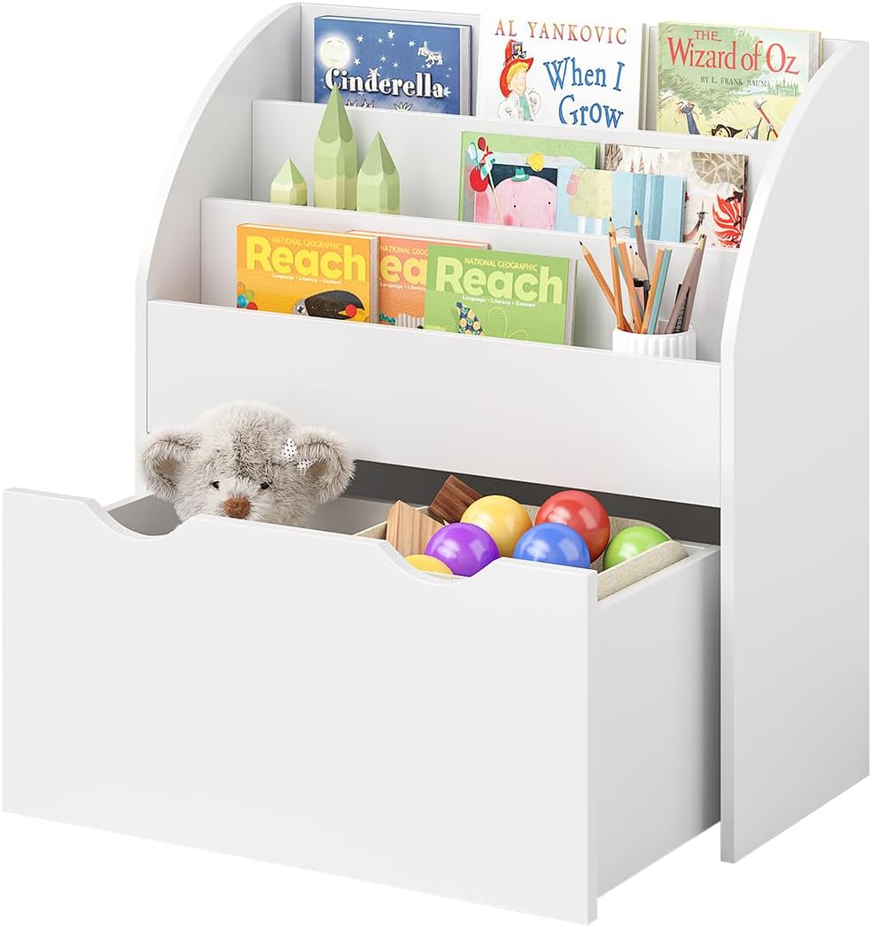 Kinder Bücherregal mit Schublade Montessori, Ohne Faltboxen Weiß, mit Schublade