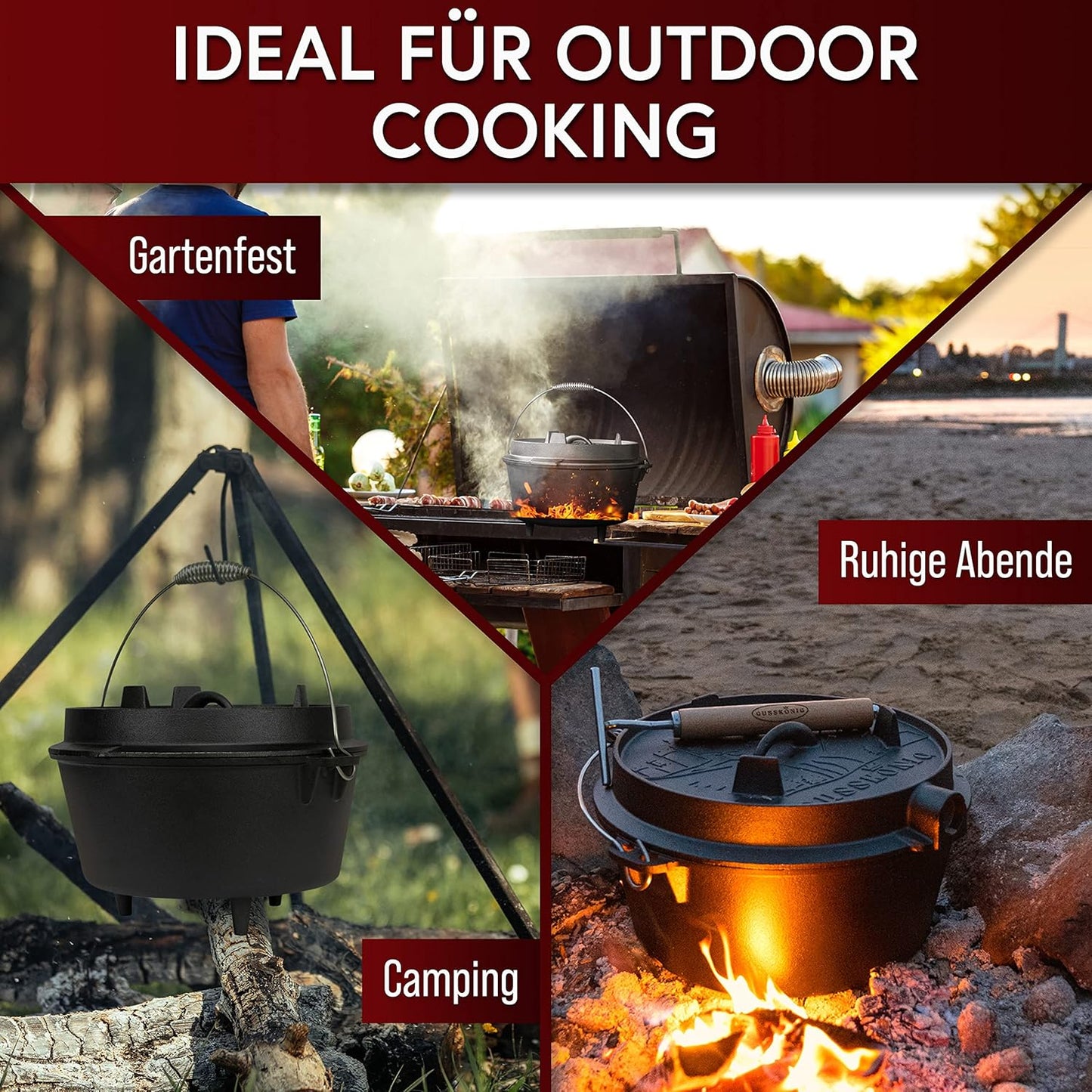 Dutch Oven Set mit Zubehör, Schwarz mit Füsse + Ringreiniger 4,5 Liter