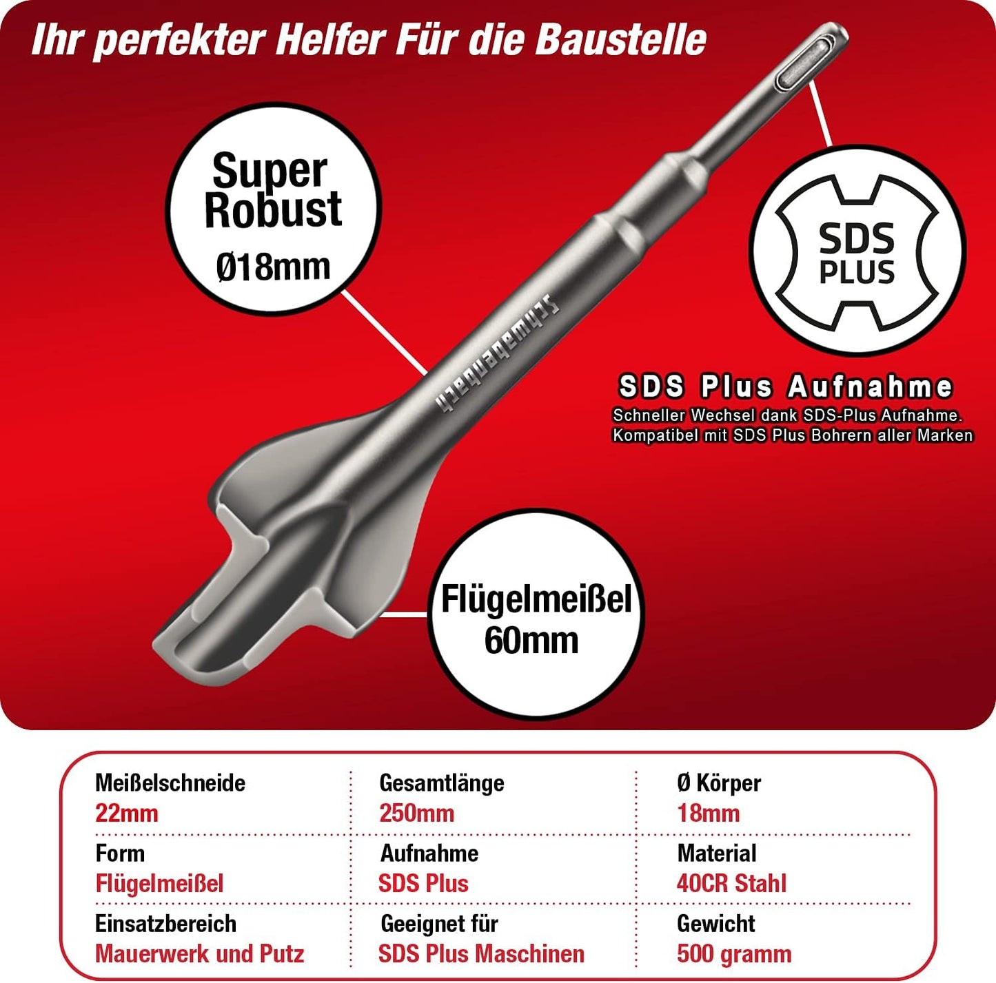 Flügelmeissel SDS Plus, 60x250 - SDS PLUS - FLÜGELMEISSEL