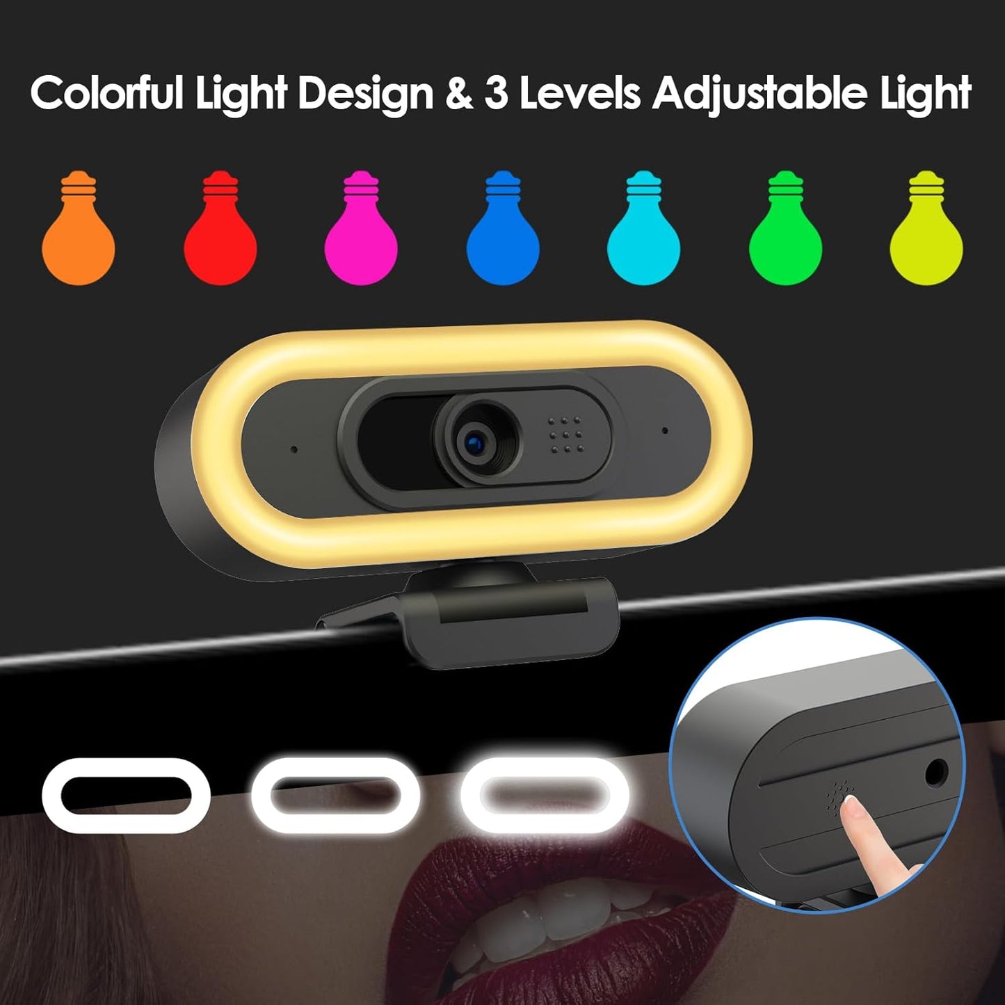 Webcam HD 2K mit Ringlicht und Autofokus, W4LS 2K