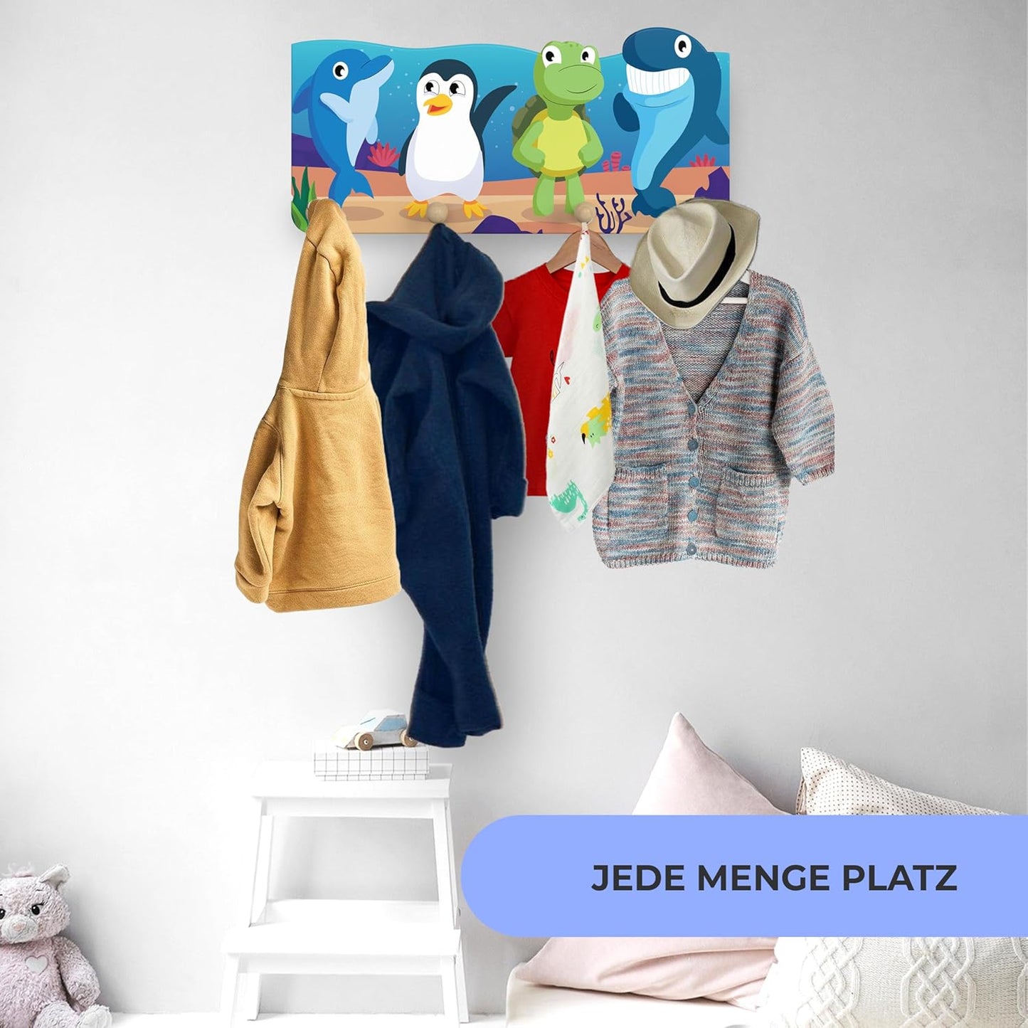 Kindergarderobe aus Holz mit 4 Haken (Unterwasser), Unterwasser