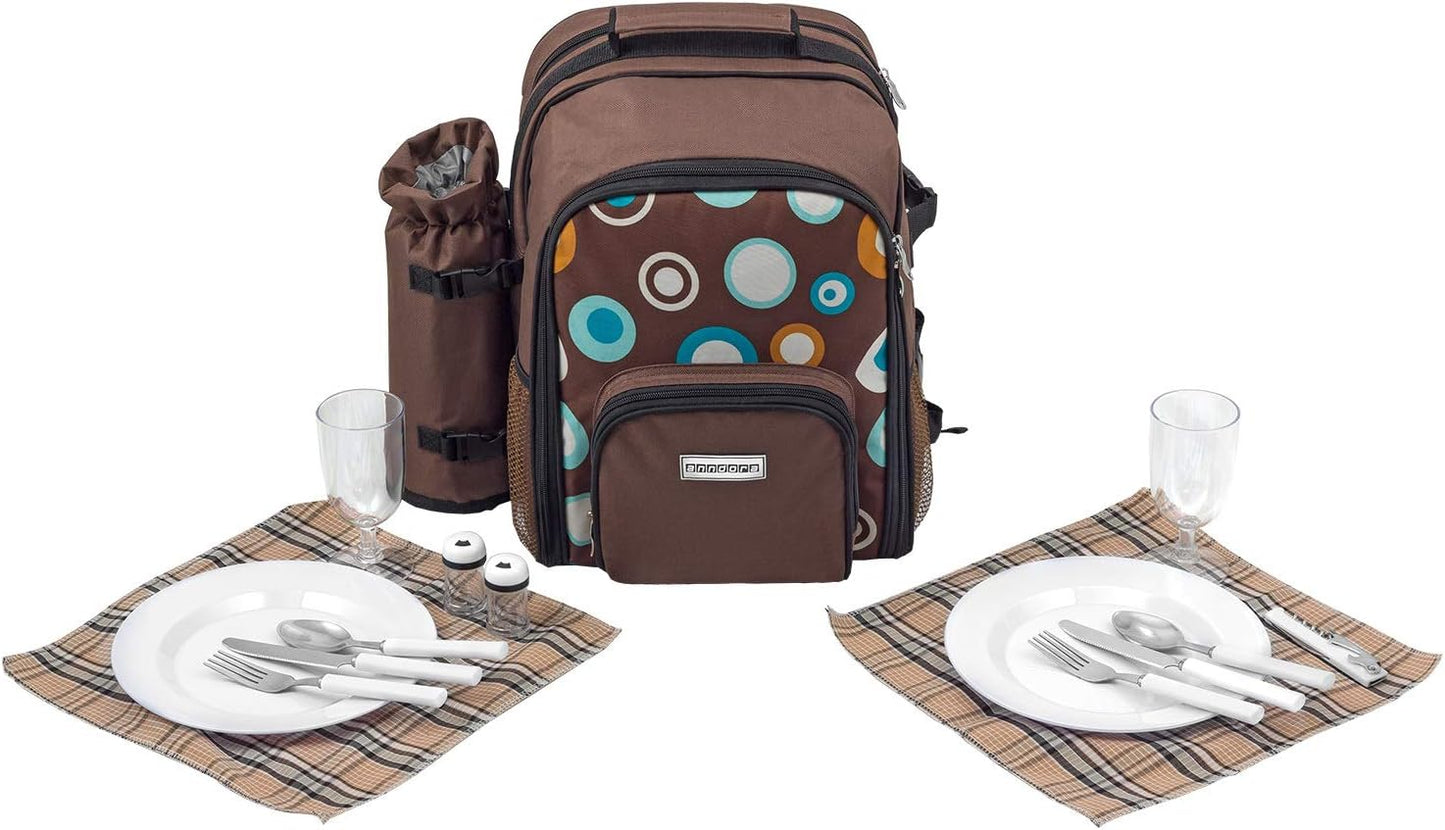 15-teiliges Picknickrucksack-Set für 2 Personen, Braun Bunte Kreise - Set