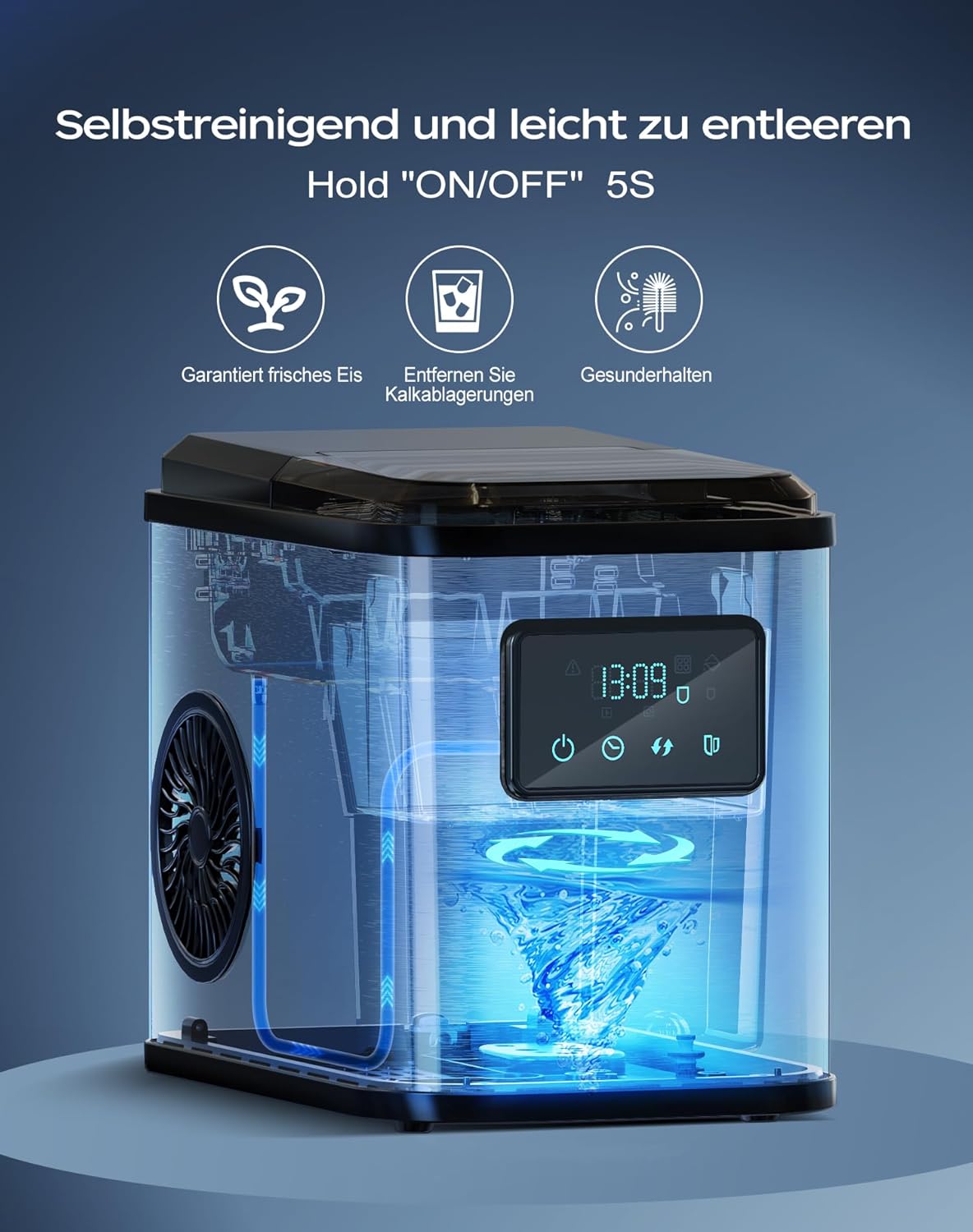 ‎YT-E-009BA Eiswürfelmaschine mit LED-Display und Reinigungsfunktion, Grau