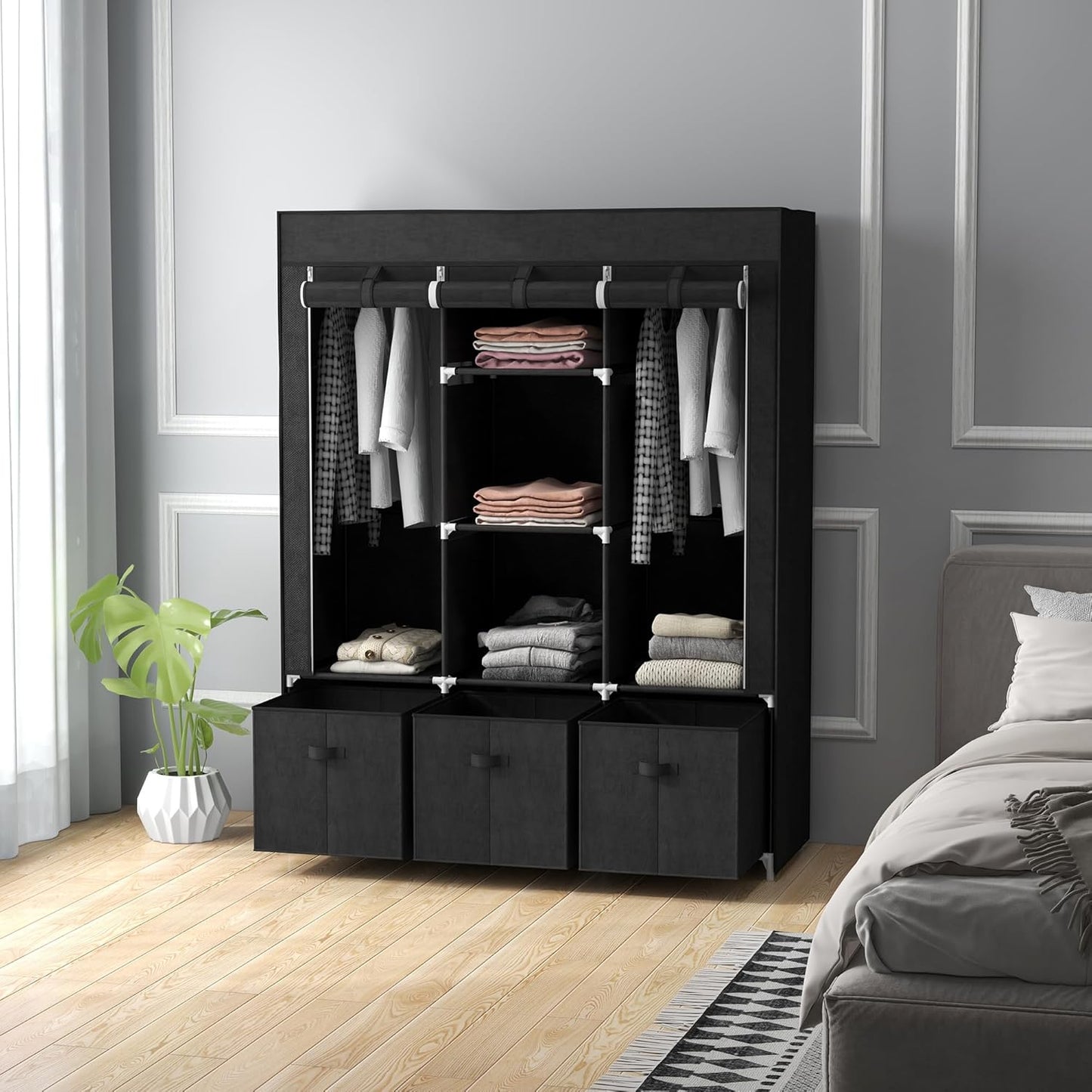 Faltschrank mit Kleiderstange und Schubladen, Schwarz