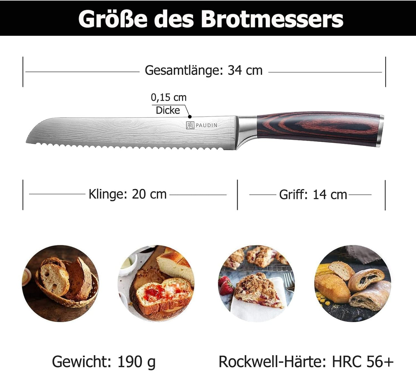 Brotmesser, 20 cm Brotmesser mit Holzgriff