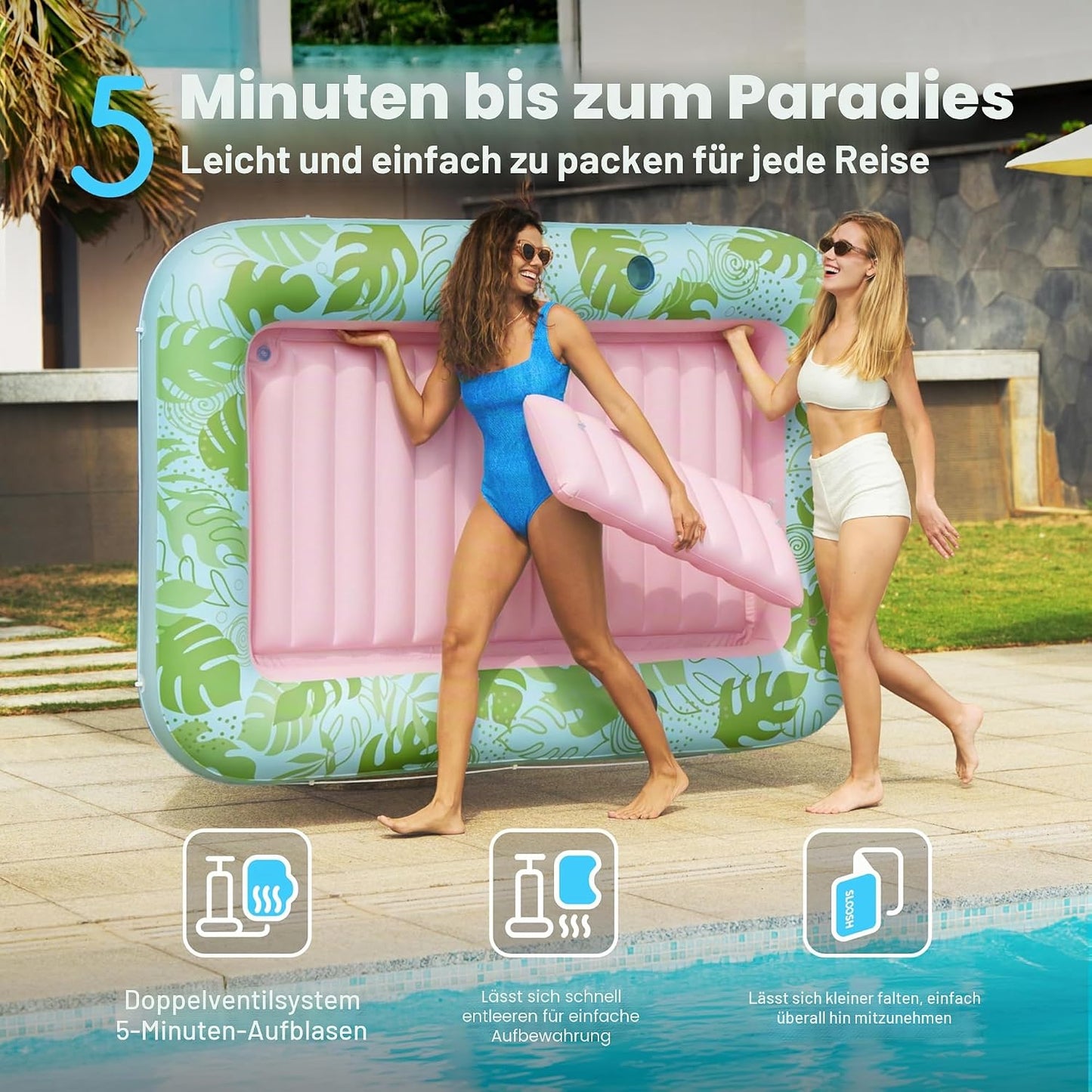 Aufblasbarer 4-in-1 Sonnenliegepool mit Kissen und Getränkehalter, Cyan Rosa XL