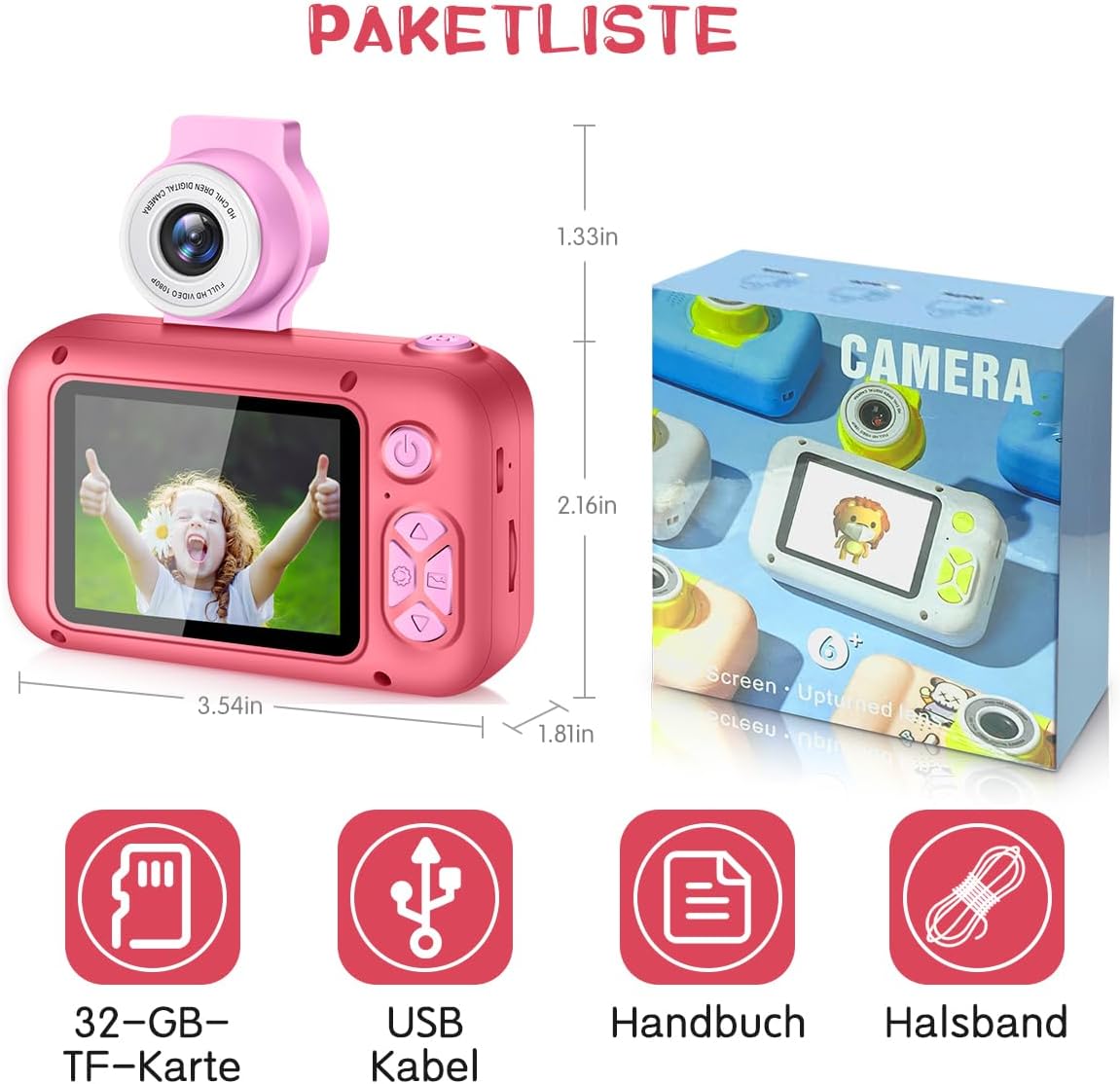Kinderkamera mit 180° Flip-Objektiv & IPS-Bildschirm, Rosenrot