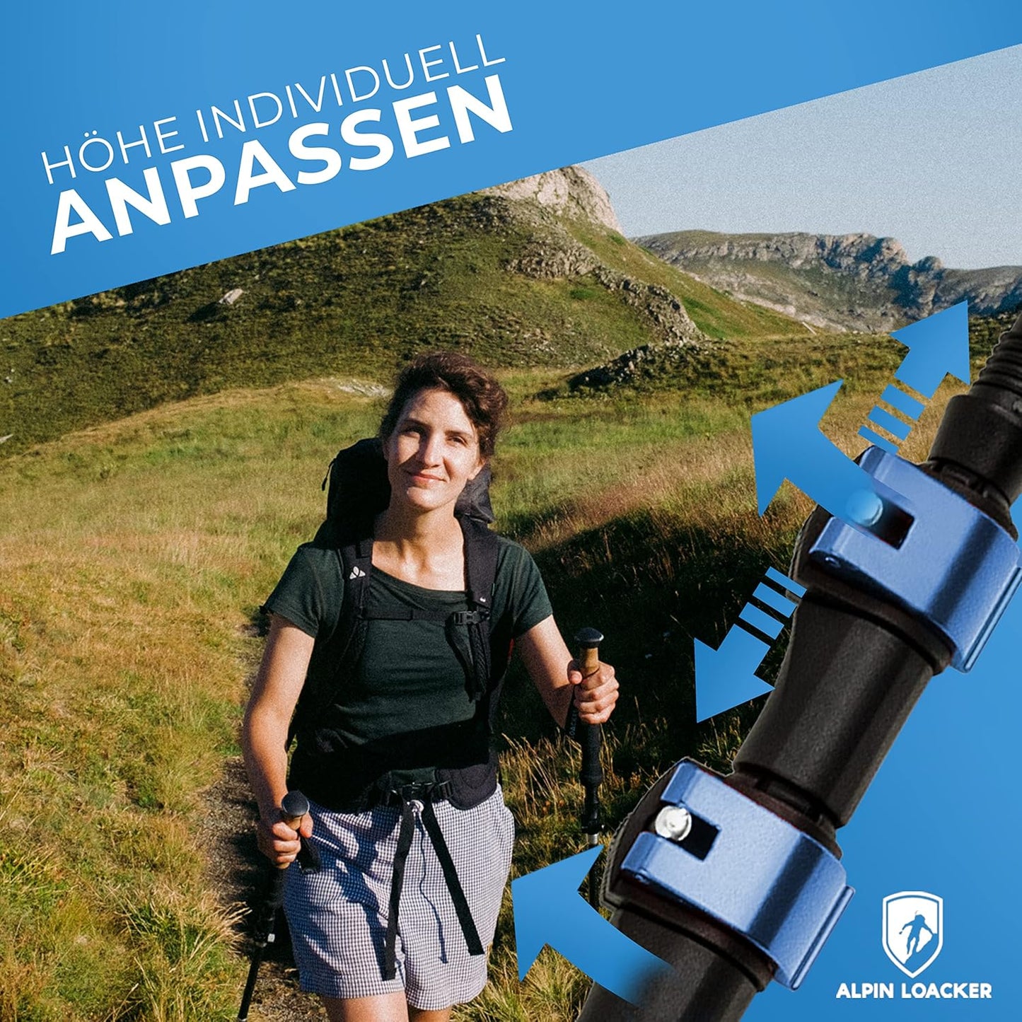 Teleskop-Wanderstöcke mit Kork-Griffen, Aluminium - blaue Klemmringe