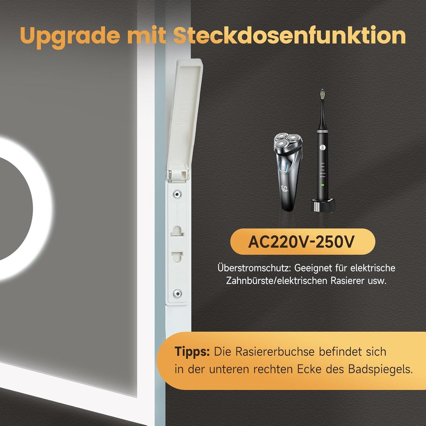 LED-Badspiegel mit Uhr und Schminkspiegel, 60L x 100B cm mit Uhr