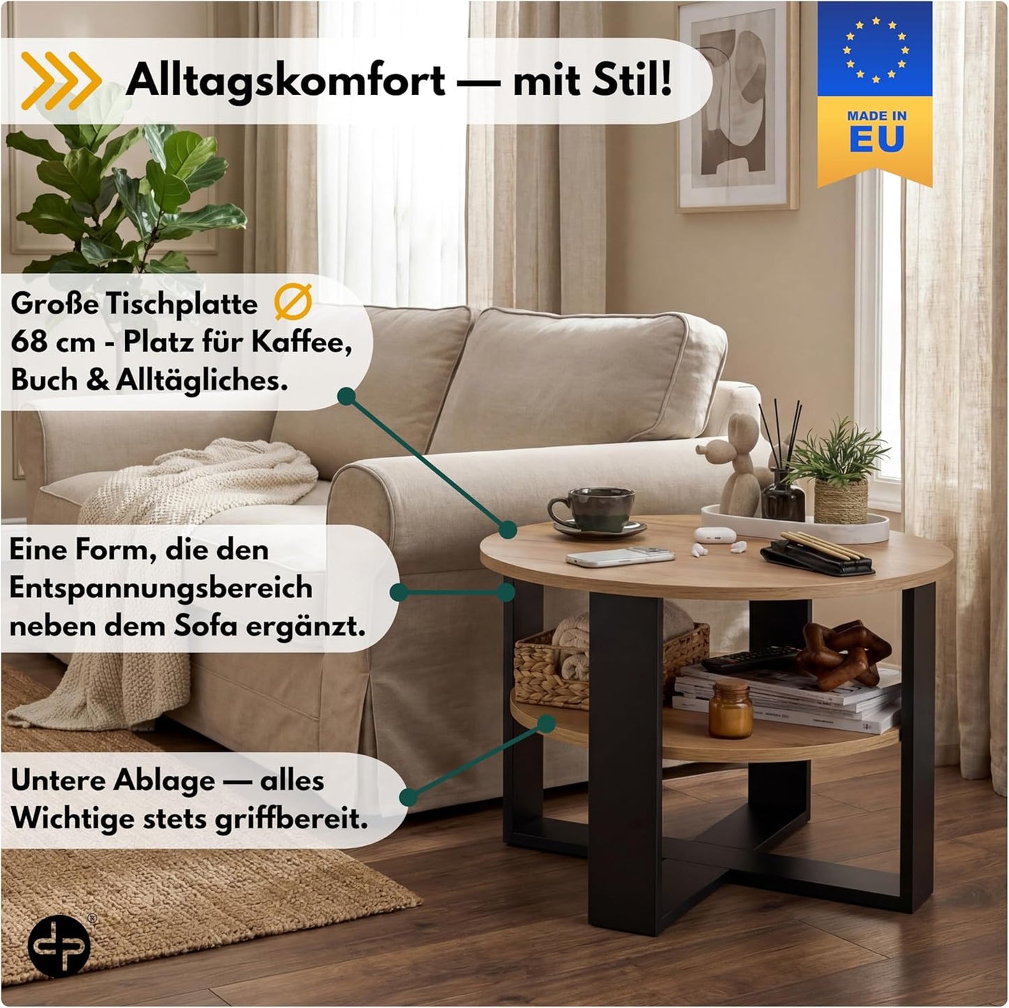 Runder Couchtisch mit Ablage, Schwarz & Eiche Durchmesser: 68CM