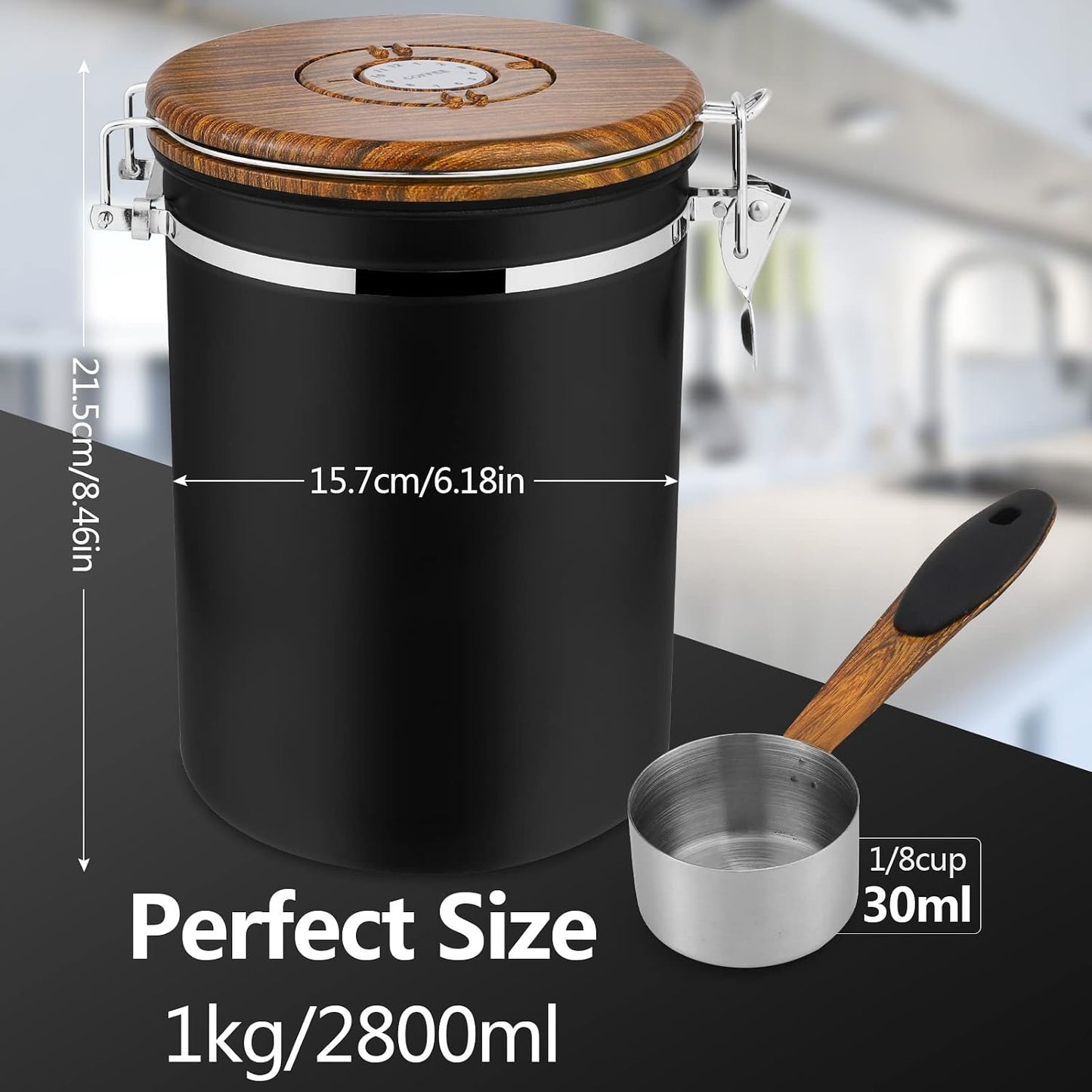 Kaffeedose luftdicht aus Edelstahl mit Messlöffel, 2,8 L Schwarz-02