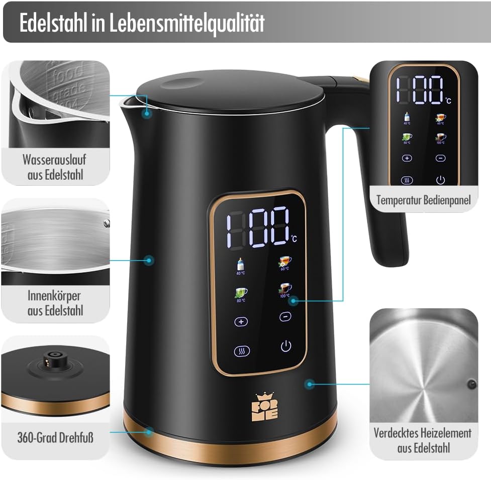 Edelstahl Wasserkocher mit Temperatureinstellung (1,7L), Schwarz 6017