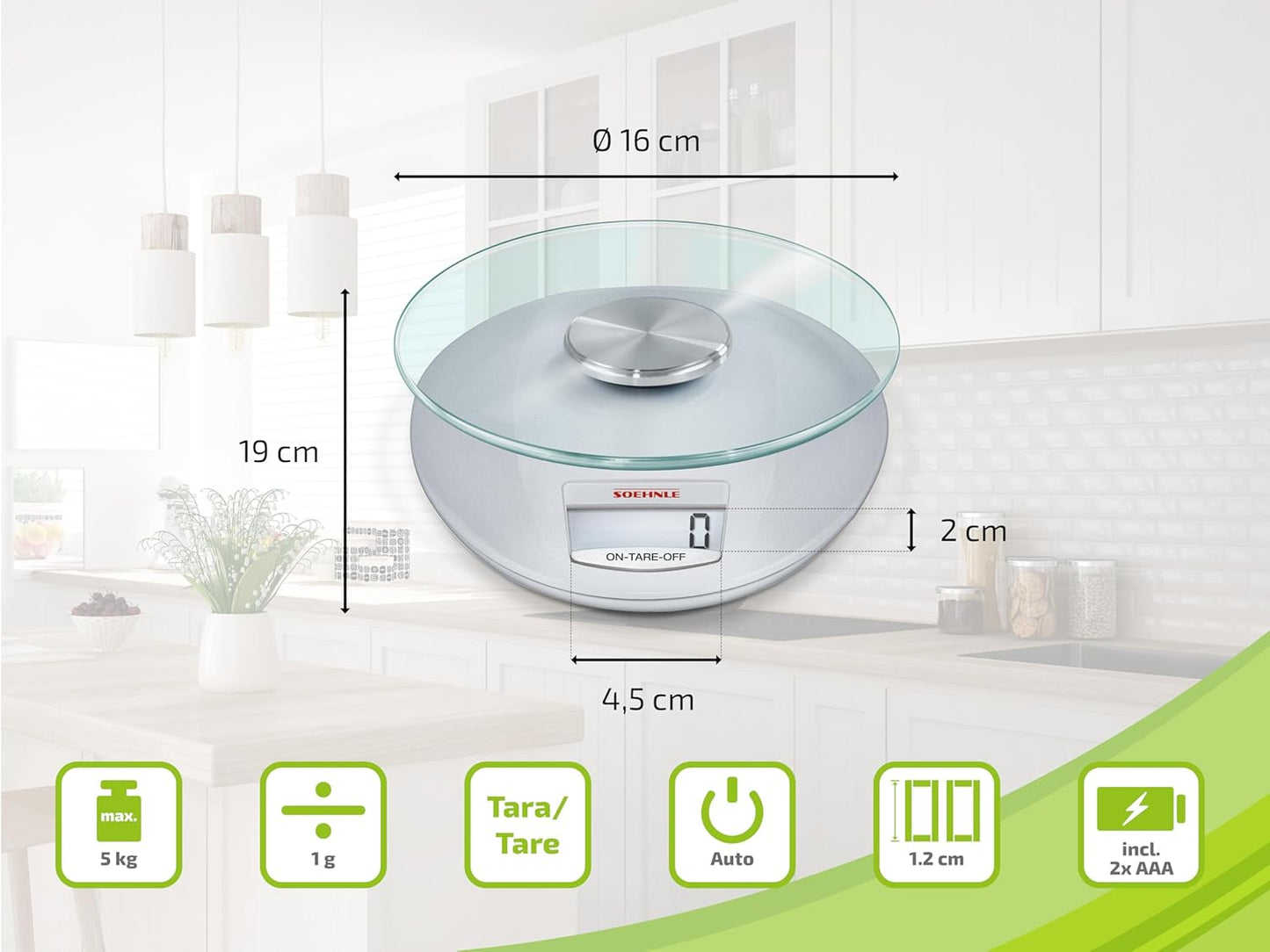 Digitale Küchenwaage mit Zuwiegefunktion (5 kg), Silber