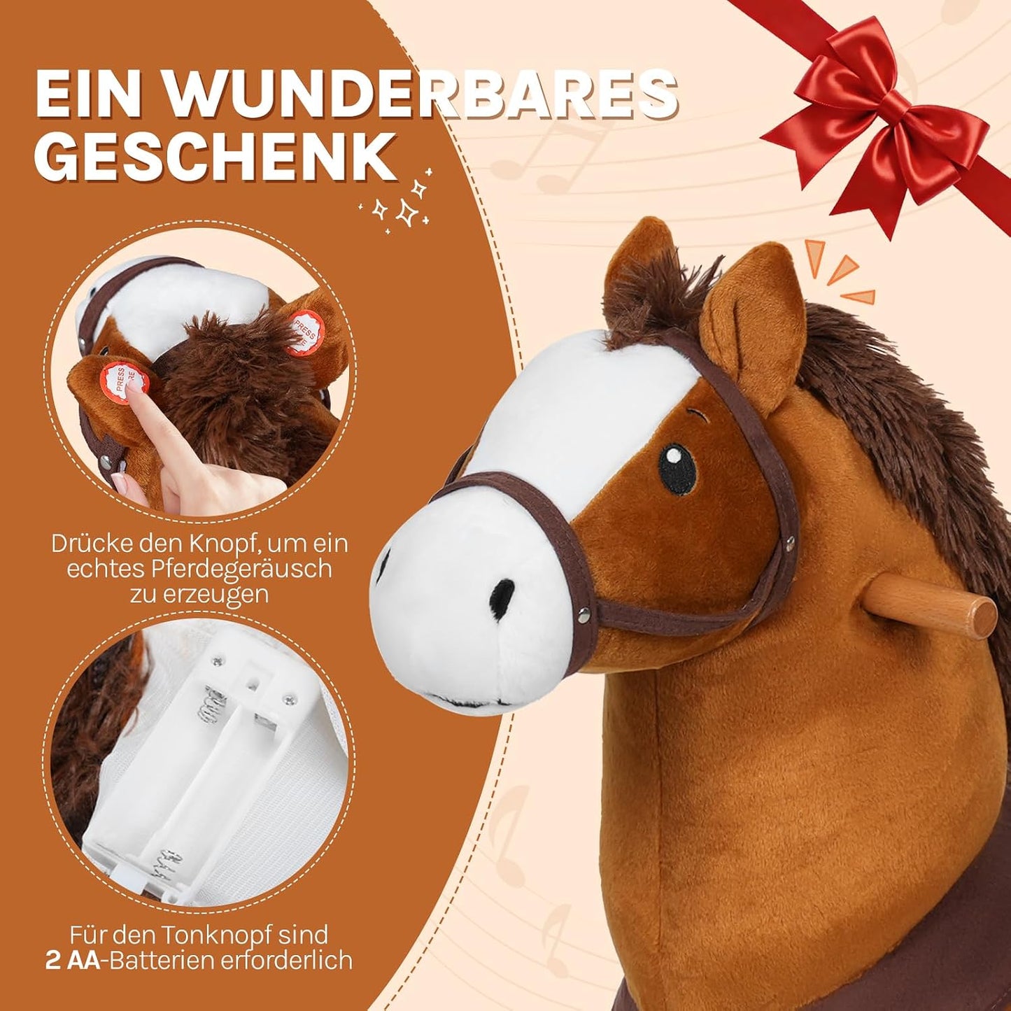 Reitpferd auf Rollen mit Soundfunktion, 95x94x35 cm