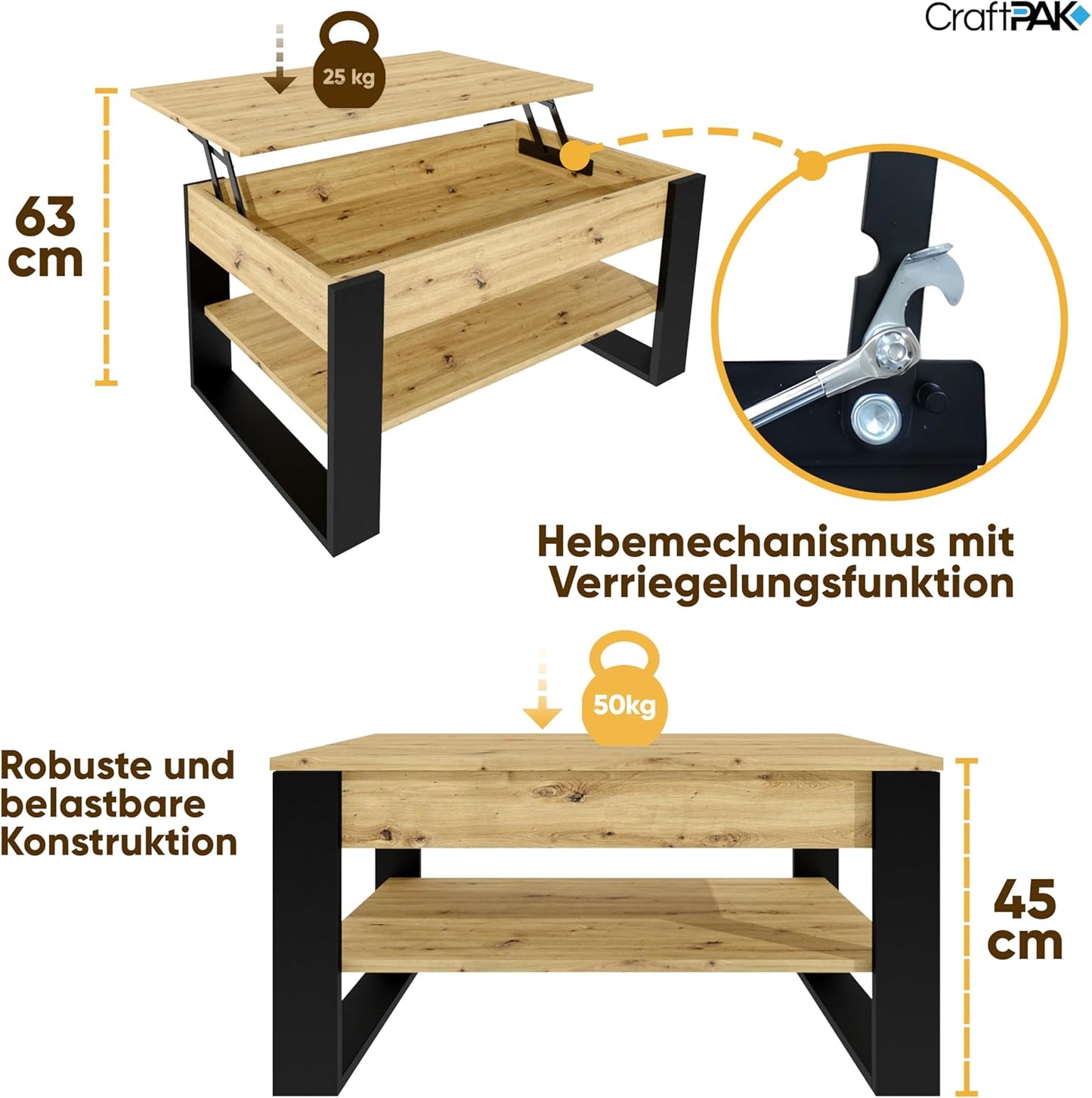 Höhenverstellbarer Couchtisch mit Stauraum, Artisan/Schwarz.