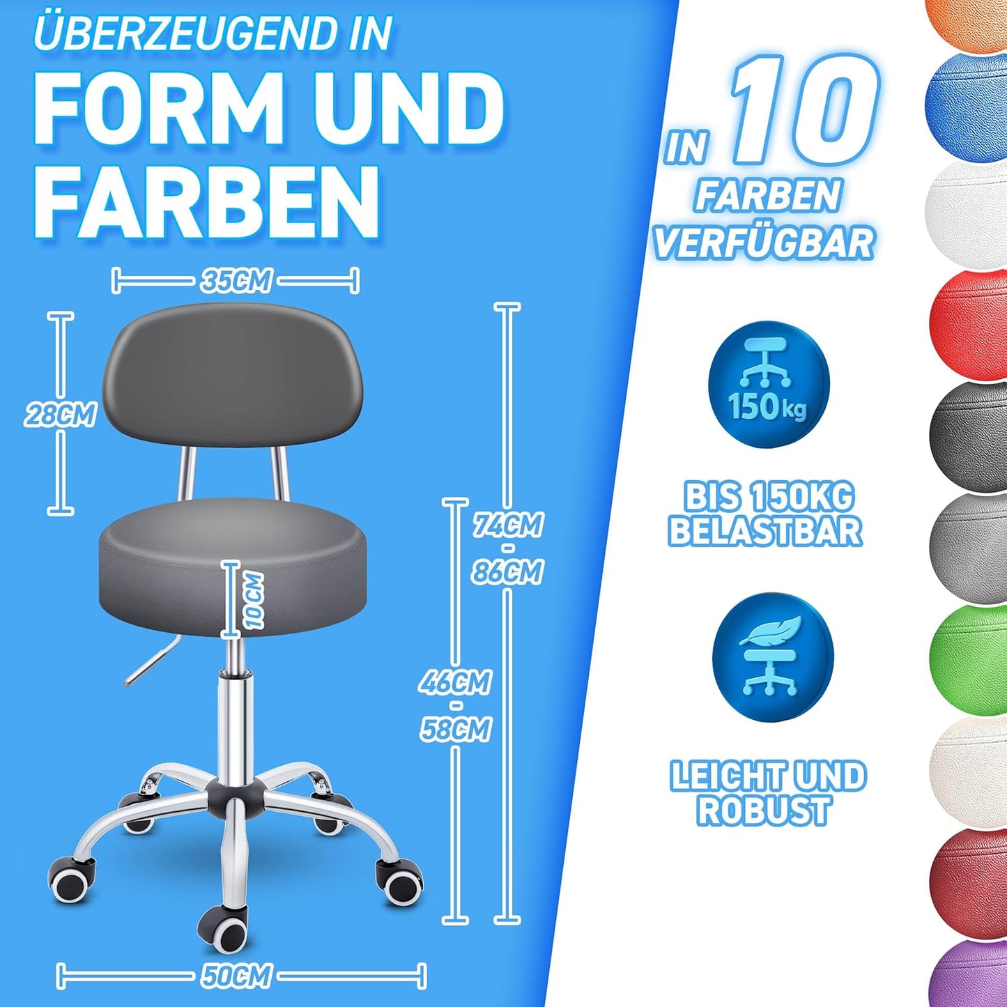 Höhenverstellbarer Drehhocker mit Lehne und Rollen, Grau