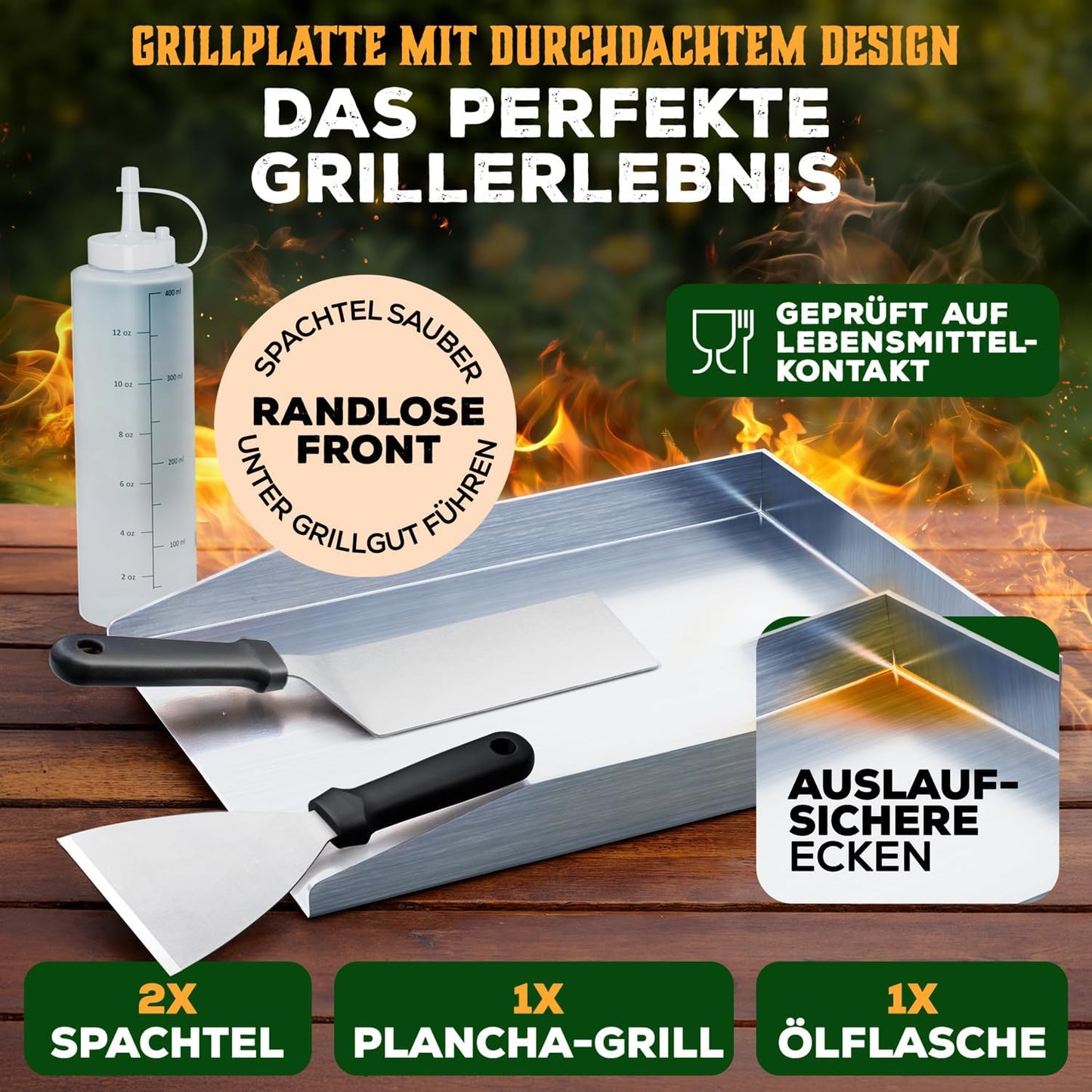 Plancha Grill-Set mit Edelstahlplatte und Zubehör