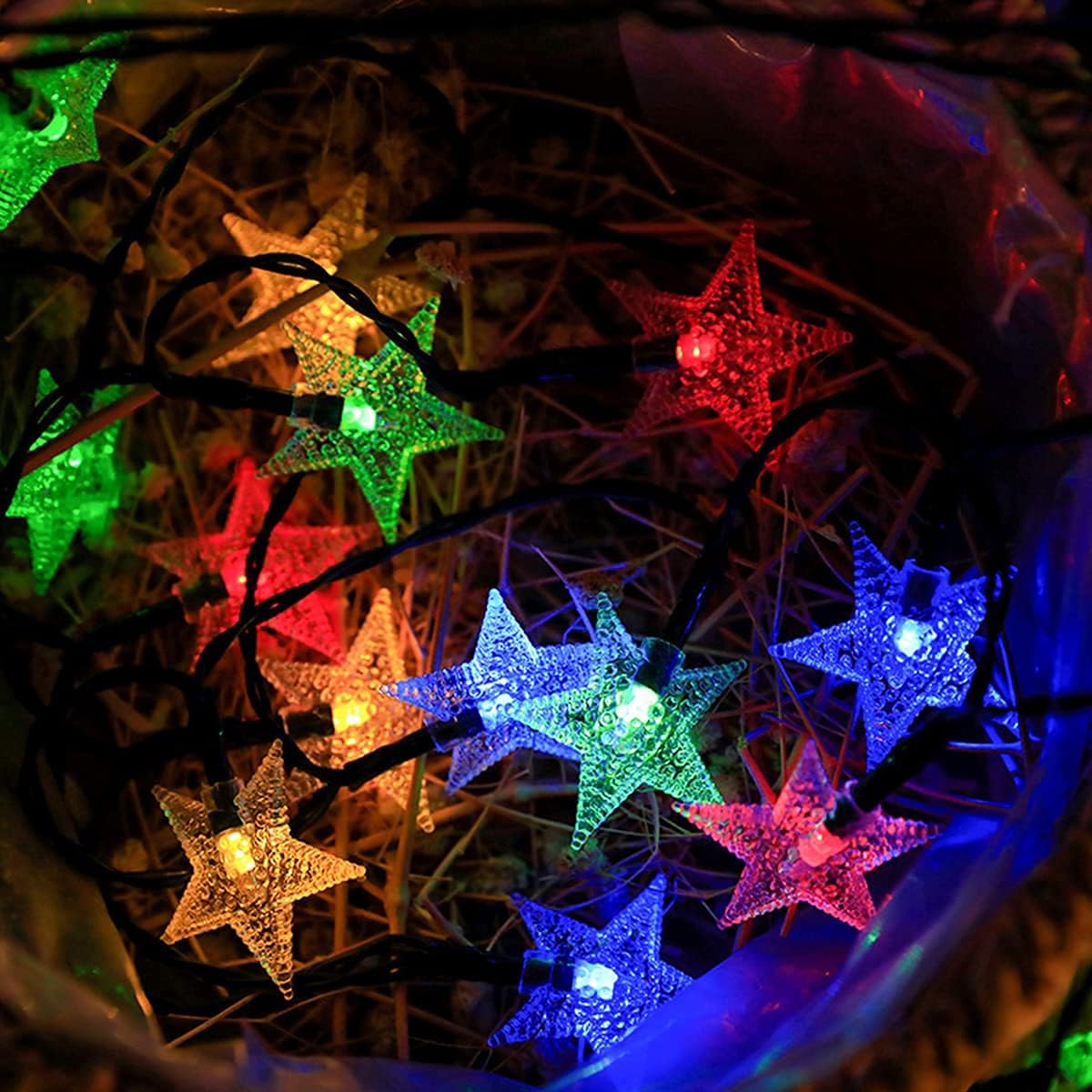 Sternenförmige Solar LED Lichterkette, wetterfest, Bunt (1,19 €/M)