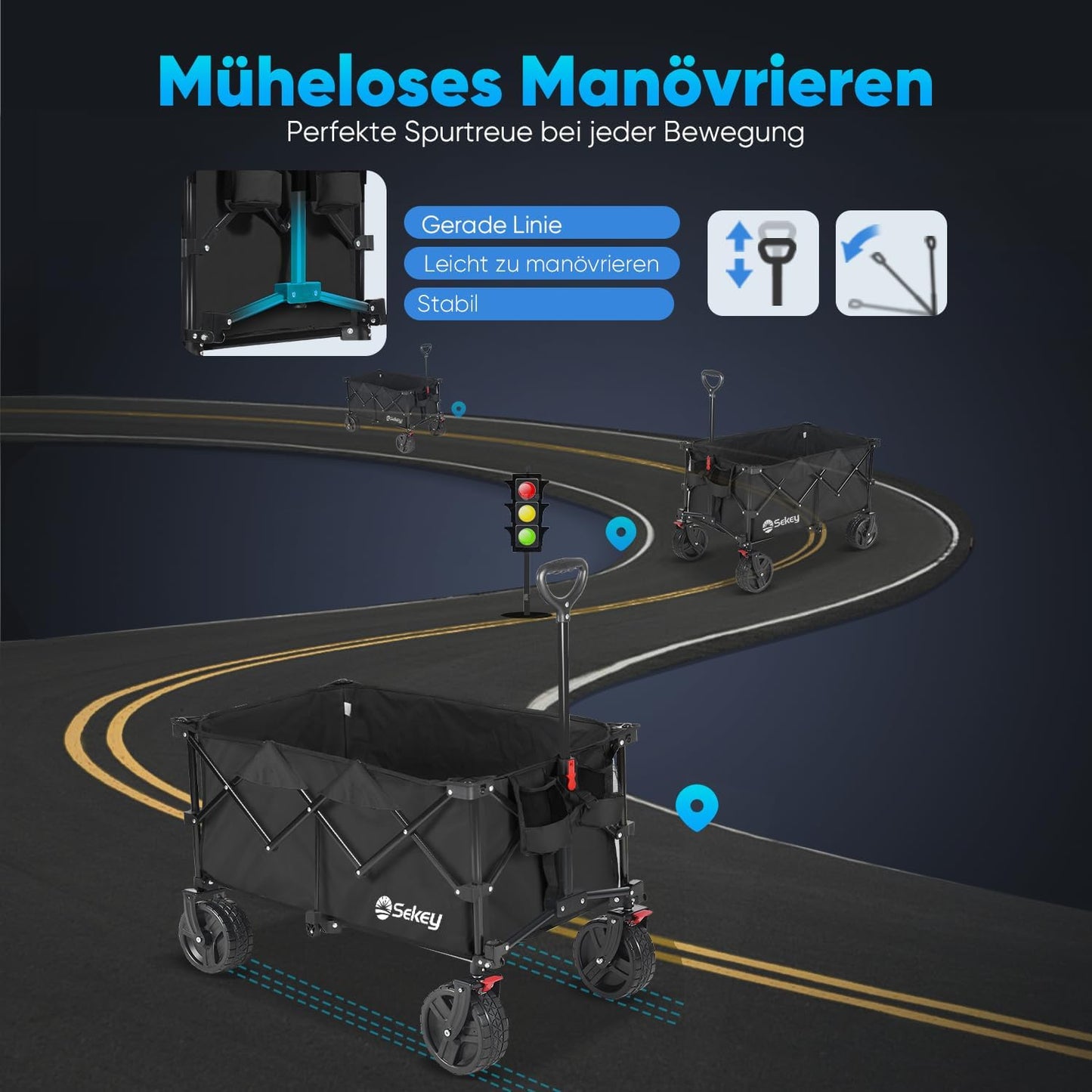 Faltbarer Bollerwagen mit Bremsen und breiten Reifen, Modell: XXL-PlusB 4011, Schwarz 8cm Räder