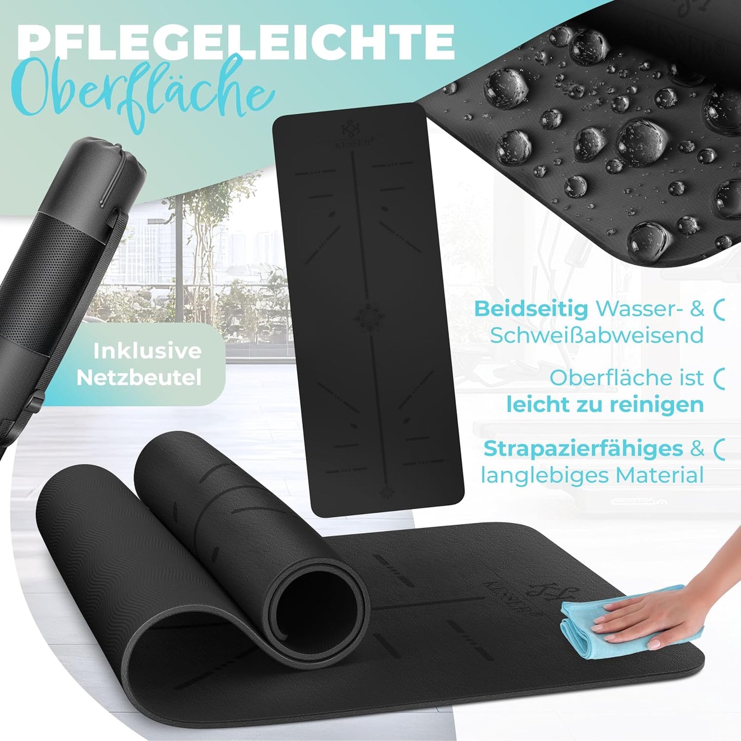 Gymnastikmatte + Tragegurt rutschfest TPE Yogamatte gepolstert, Schwarz / Schwarz