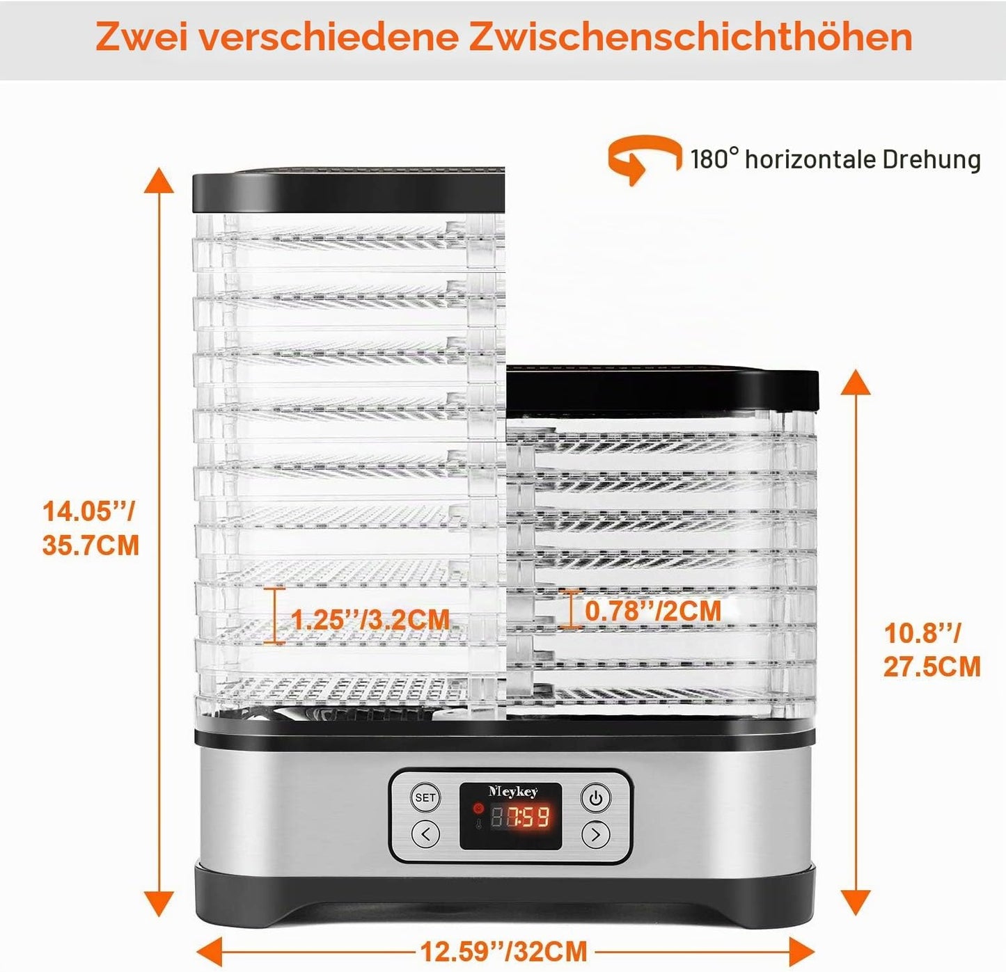 Dörrautomat 8 Etagen mit Timer & Temperaturregler, Schwarz Silber