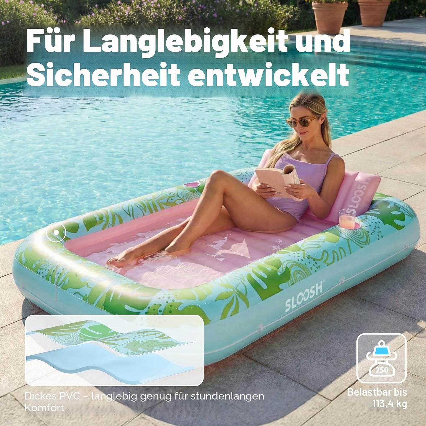 Aufblasbarer 4-in-1 Sonnenliegepool mit Kissen und Getränkehalter, Cyan-rosa L