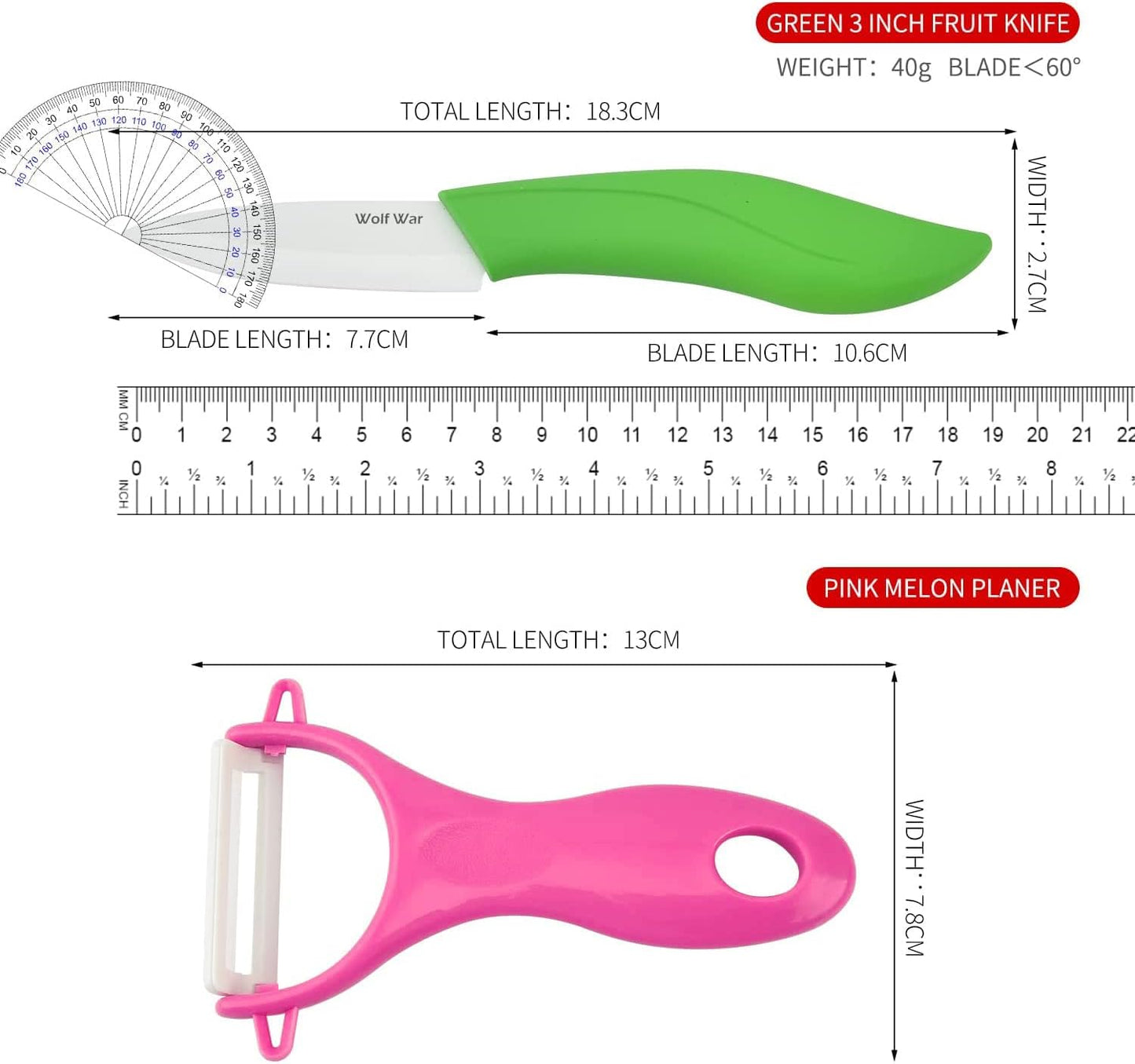4-teiliges buntes Keramikmesser Set inkl. Sparschäler und Klingenschutzhüllen, Weiss