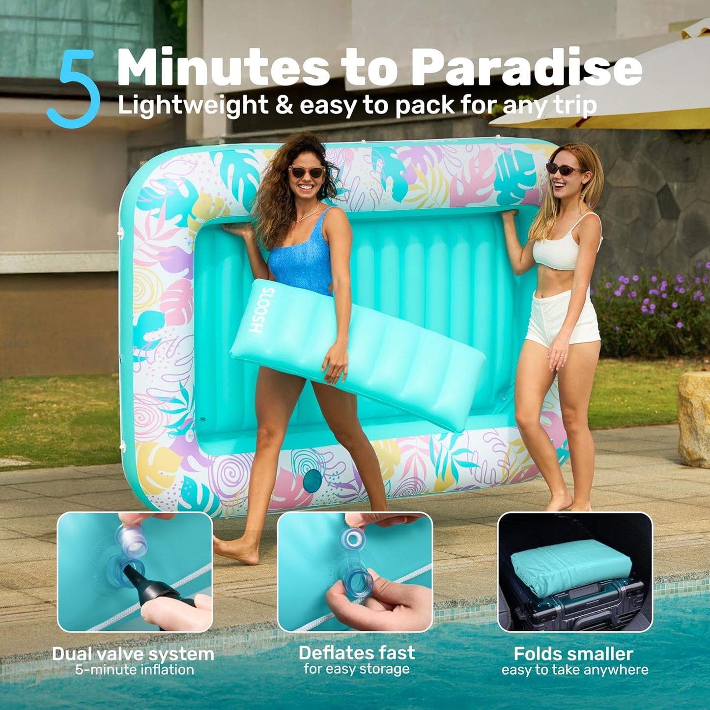 Aufblasbarer 4-in-1 Sonnenliegepool mit Kissen und Getränkehalter, Tropisches Blau XL