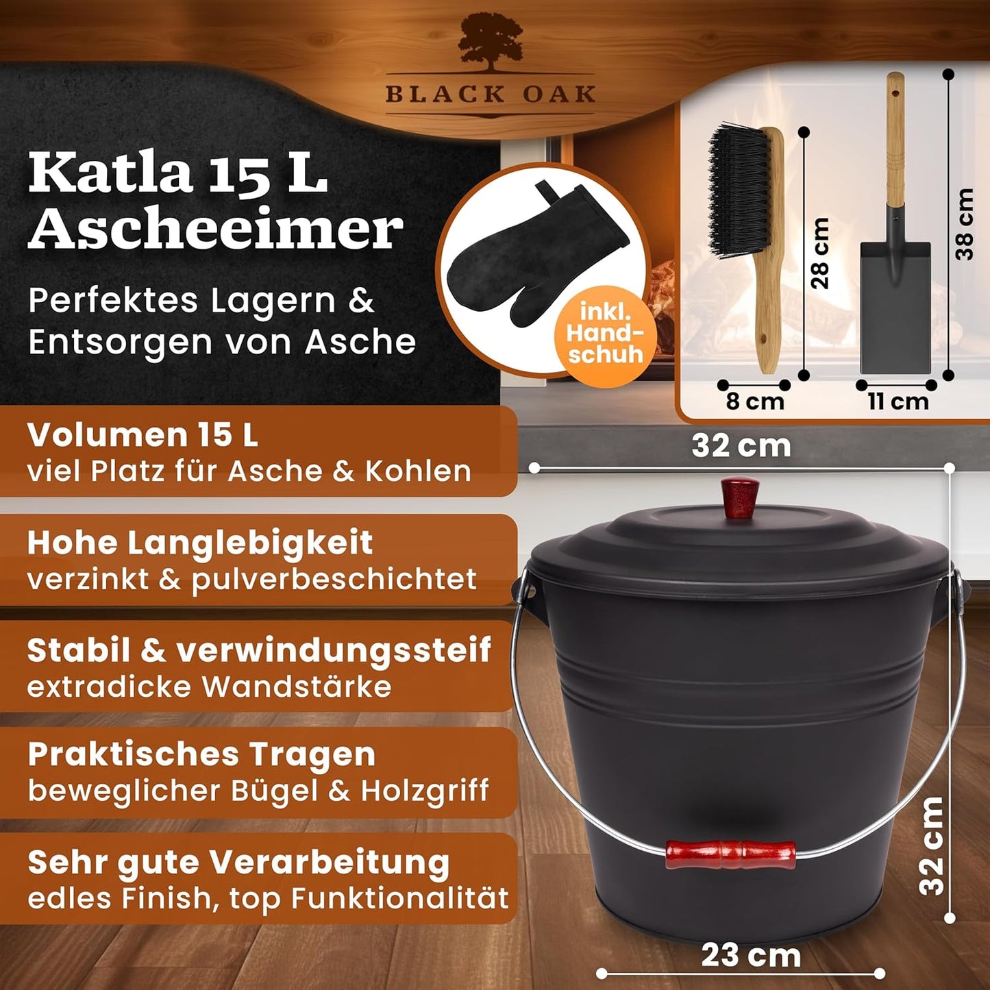 Katla Ascheeimer-Set mit Schaufel & Besen, Katla 15L Eimer + Lederhandschuh + Kehrset Eimer & Zubehör 3