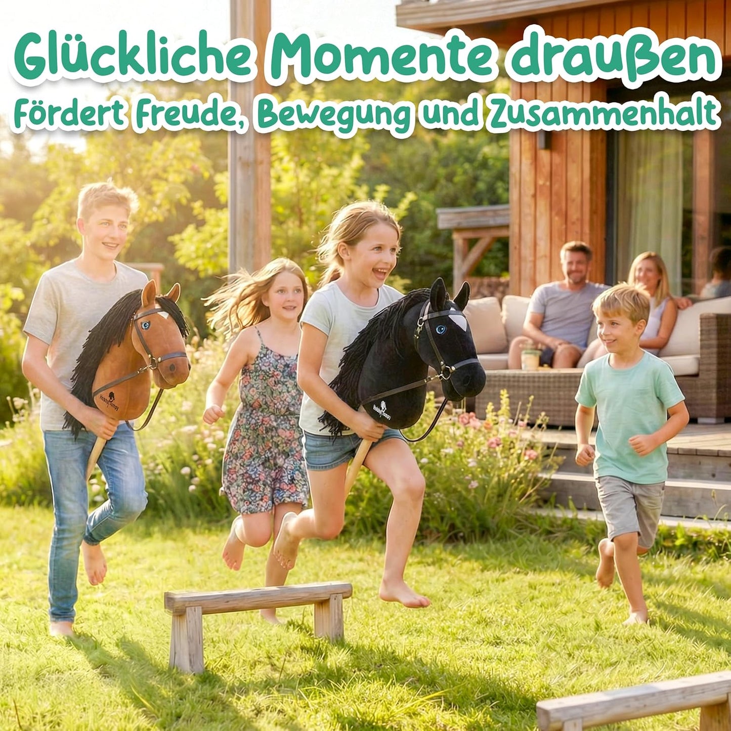 Blue SoulSteckenpferd mit realistischen Augen und Stall-Geschenkbox, Schwarz