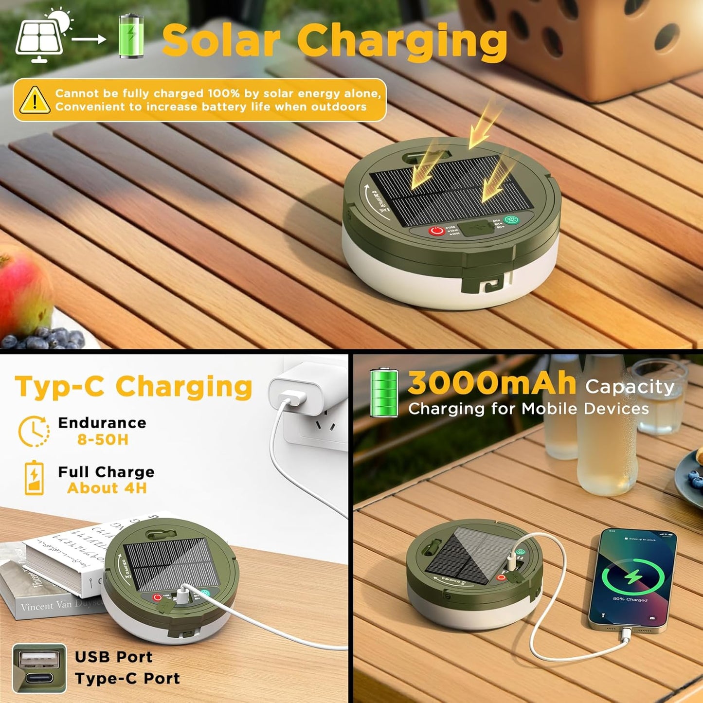 3-in-1 Camping Lichterkette mit Solar & USB Ladeoption, Solar & Usb Laden Grün