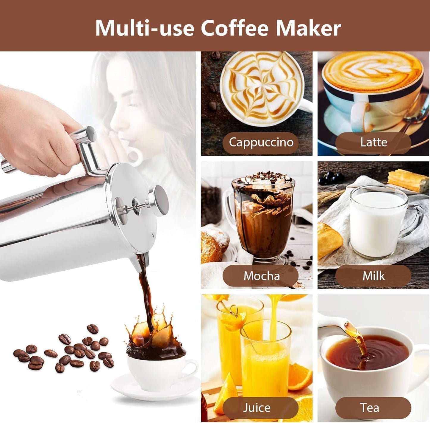French Press Kaffeebereiter 1,5L Edelstahl, Silber 1500ml