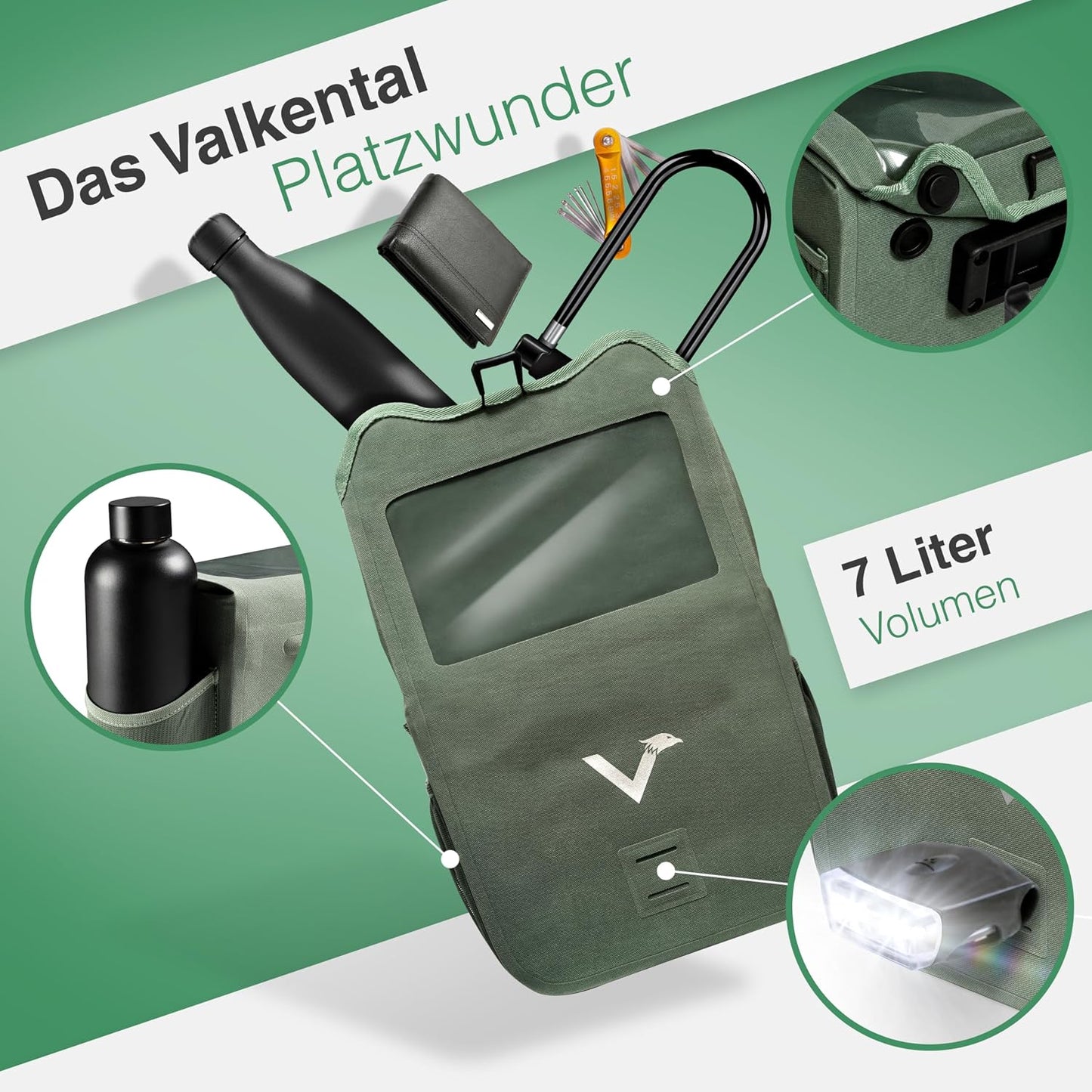 Lenkertasche mit Handyfach und Magnetverschluss, Grün Adapter