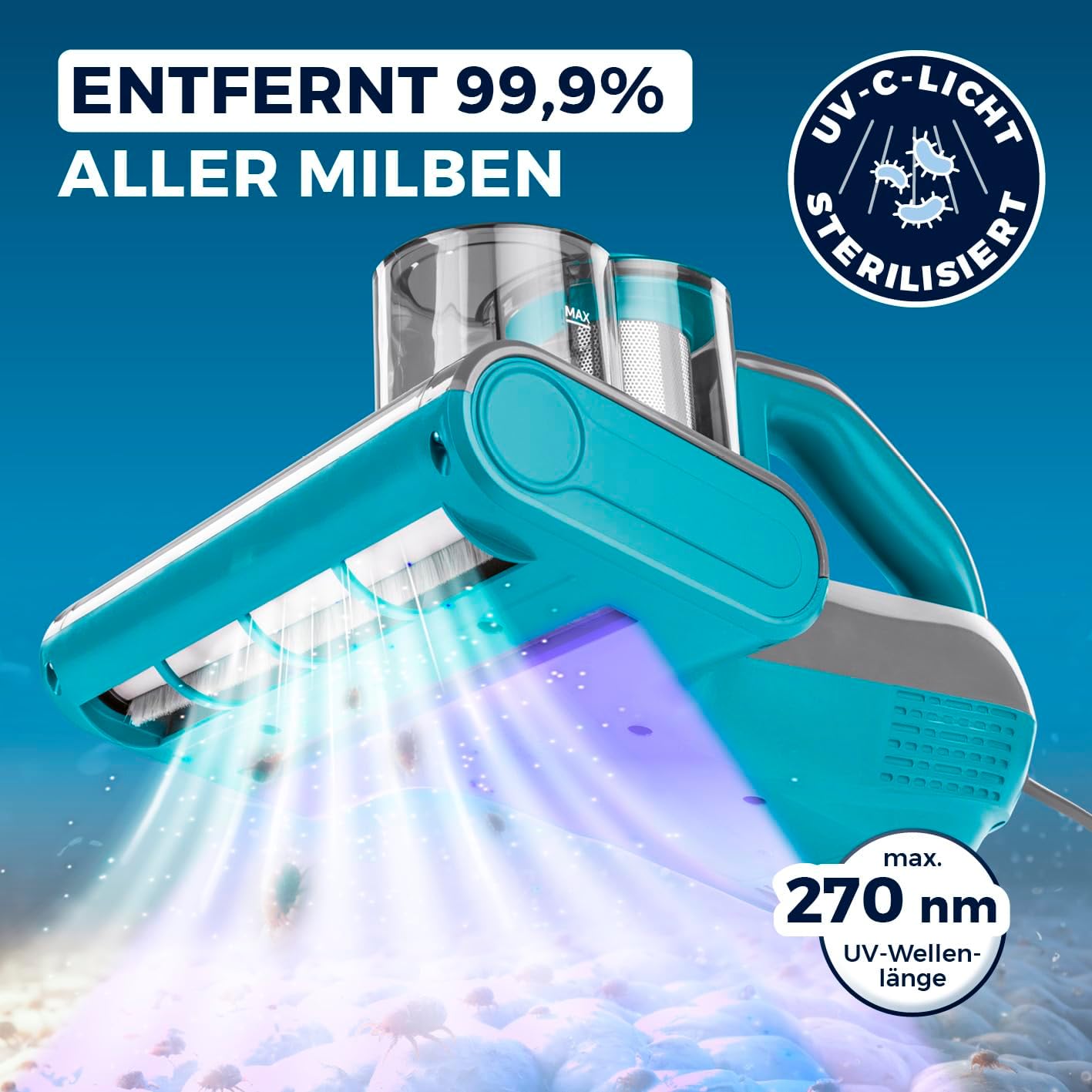 3-in-1 Milbensauger mit Heissluft & UV-C-Licht, Rotation Pro Power 15kPa Blau