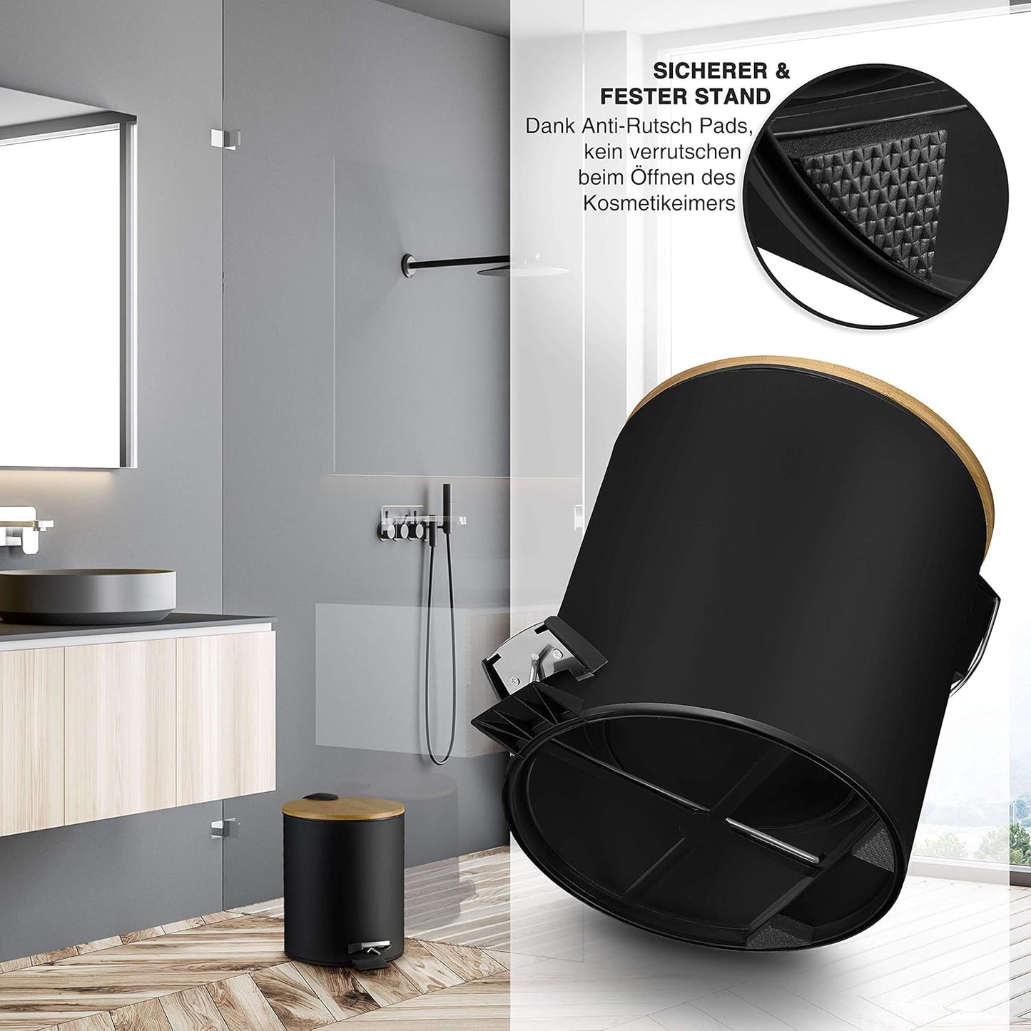 Kosmetikeimer mit Soft-Close und Bambusdeckel, Schwarz Matt 5L
