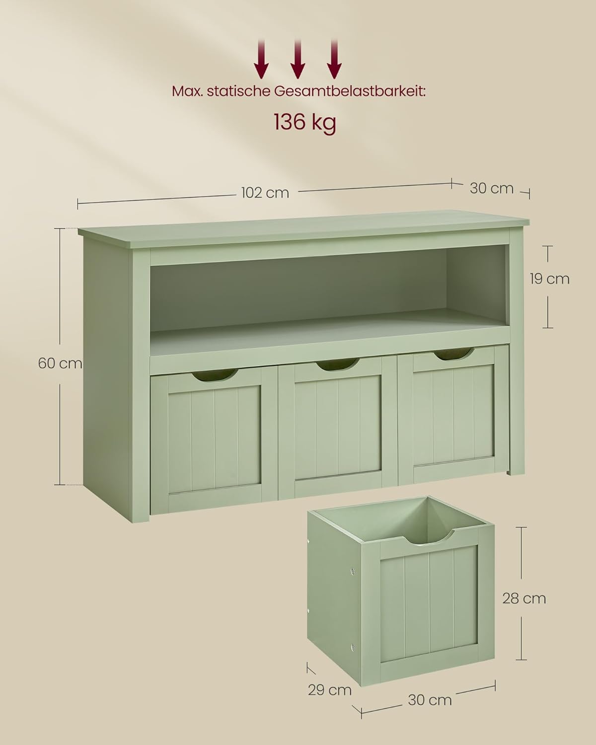 Kinderregal mit 3 Aufbewahrungsboxen auf Rollen, LHS380CE01, Lorbeergrün, 3 drawers