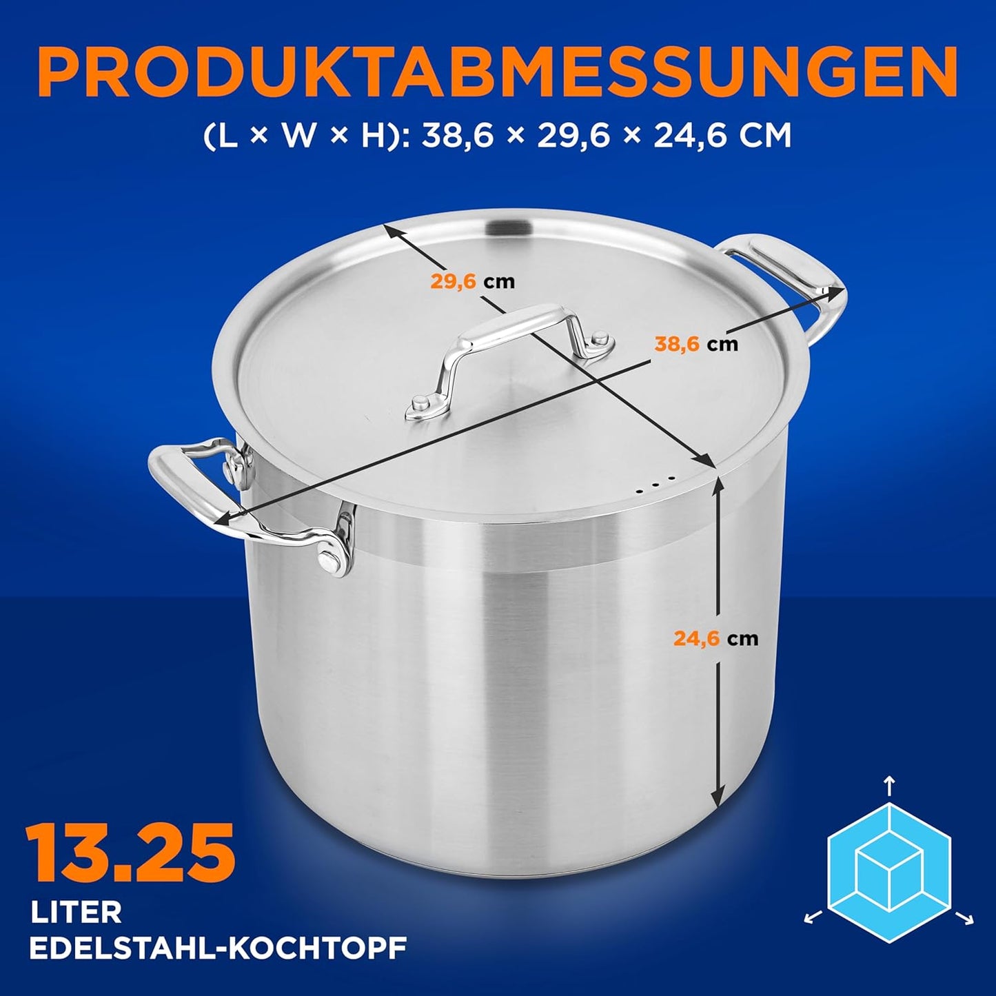 Edelstahl Induktion Suppentopf 13L mit Deckel, 13 Liter