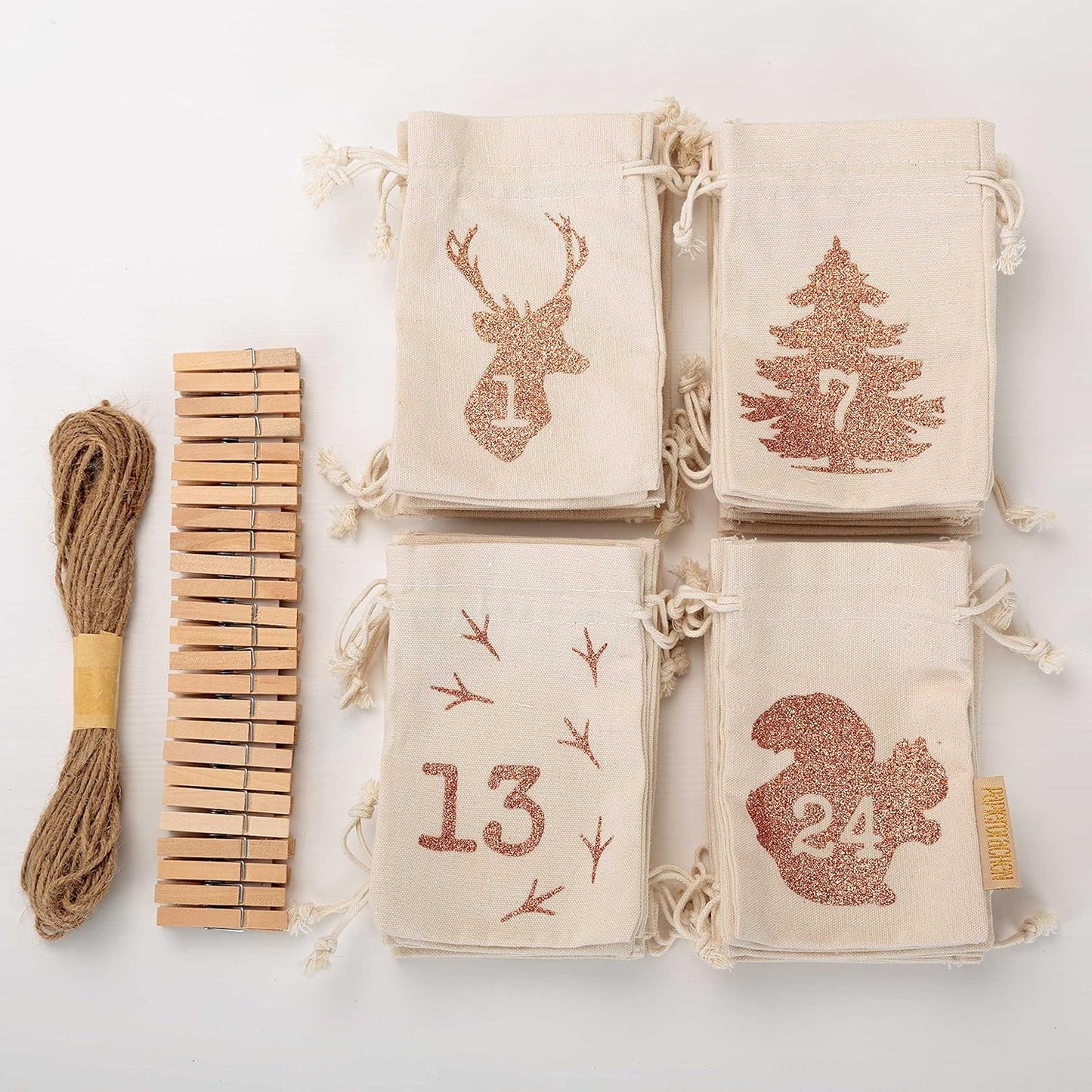 Adventskalender mit Stoffsäckchen, Waldtier Glitzer