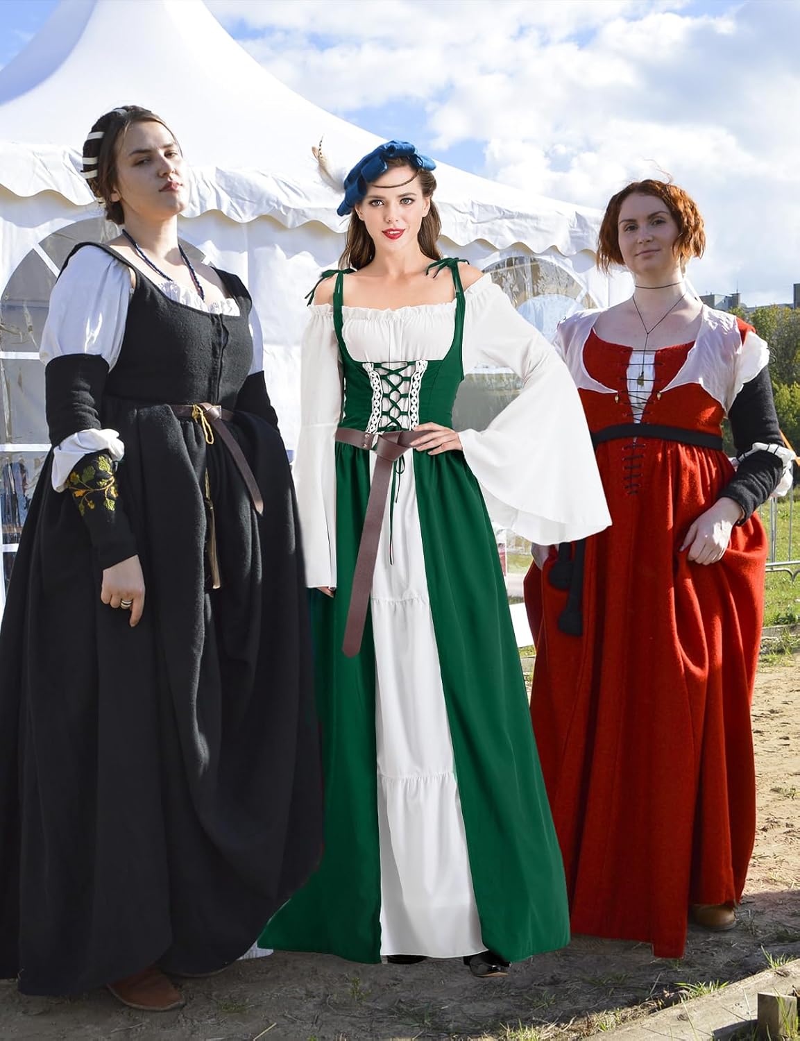 Renaissance Damenkleid mit Kapuze und Langarm, Grün XL