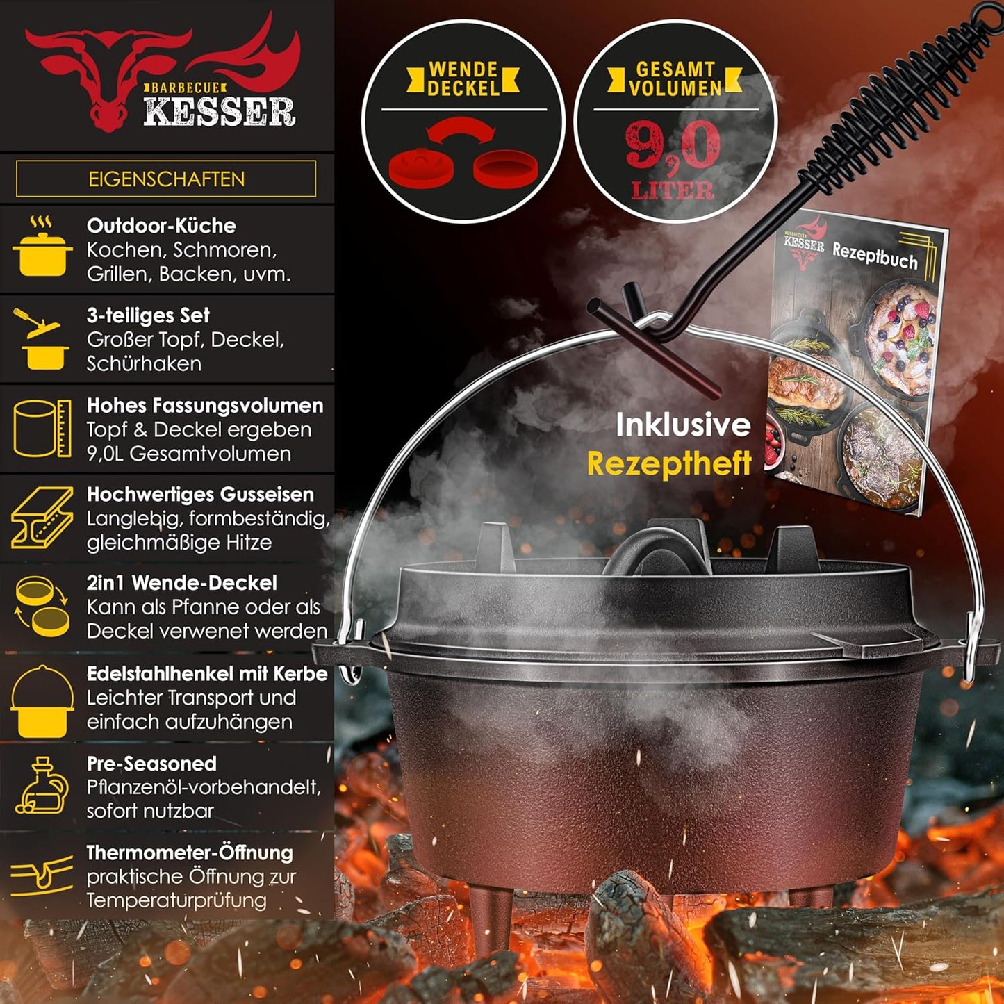 Dutch Oven Set, DO9P - 9.0 Liter Topf mit Füsse