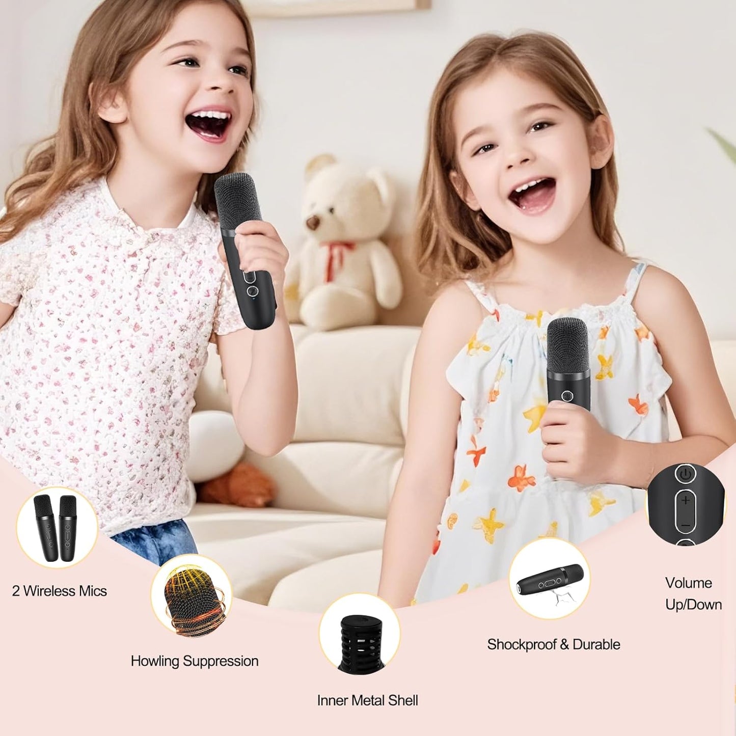 Karaoke Maschine für Kinder mit 2 Mikrofonen, Schwarz