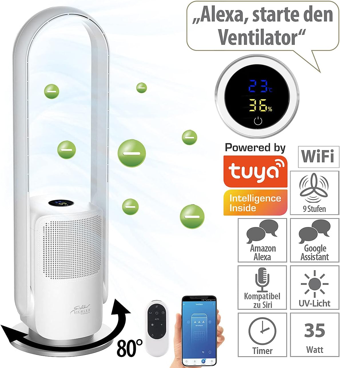 Rotorloser 360°-Ventilator & Luftreiniger