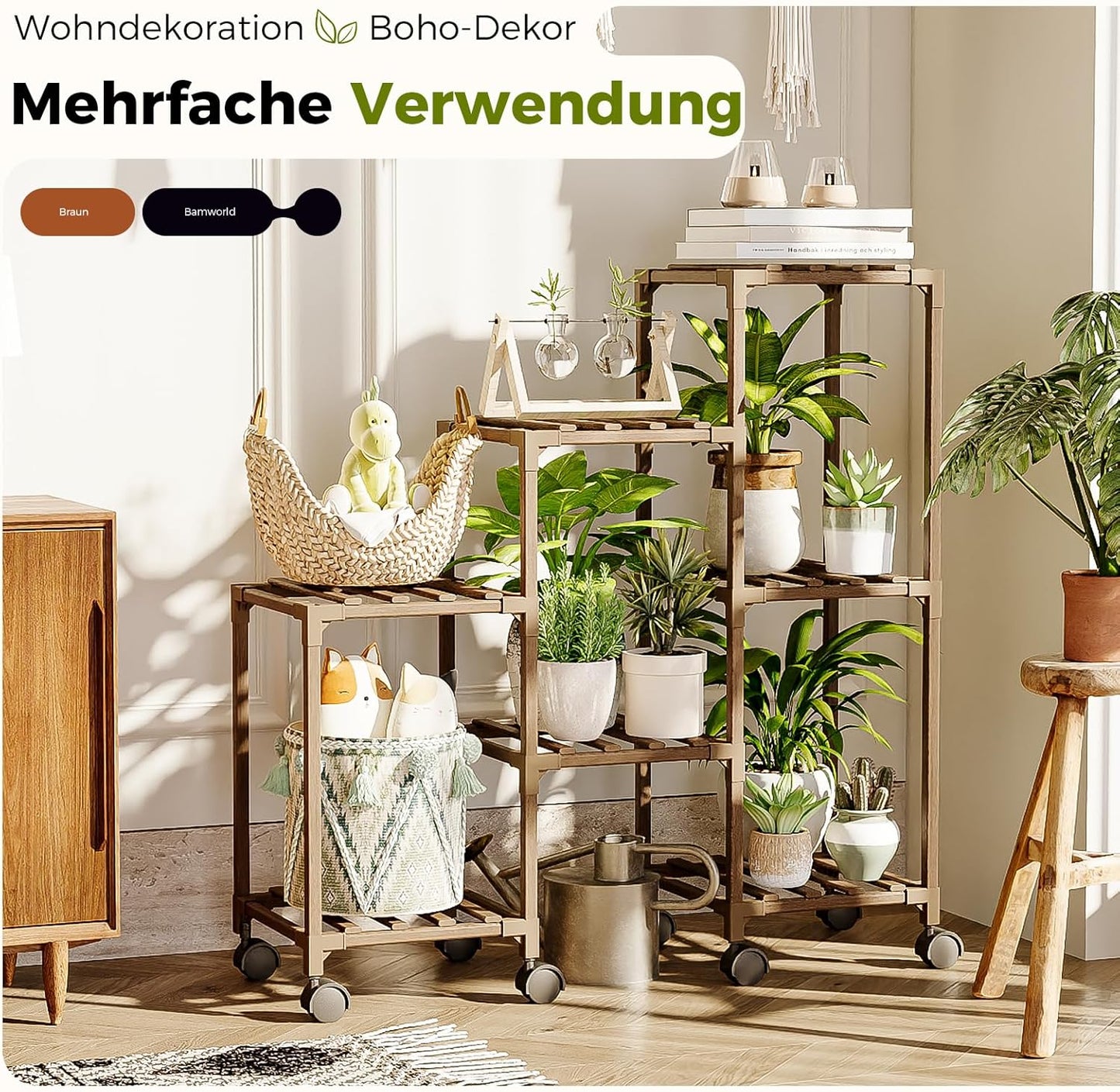 Pflanzenständer Holzregal mit Rollen (3 Ebenen, 7 Töpfe), A-Quadrat-rollen