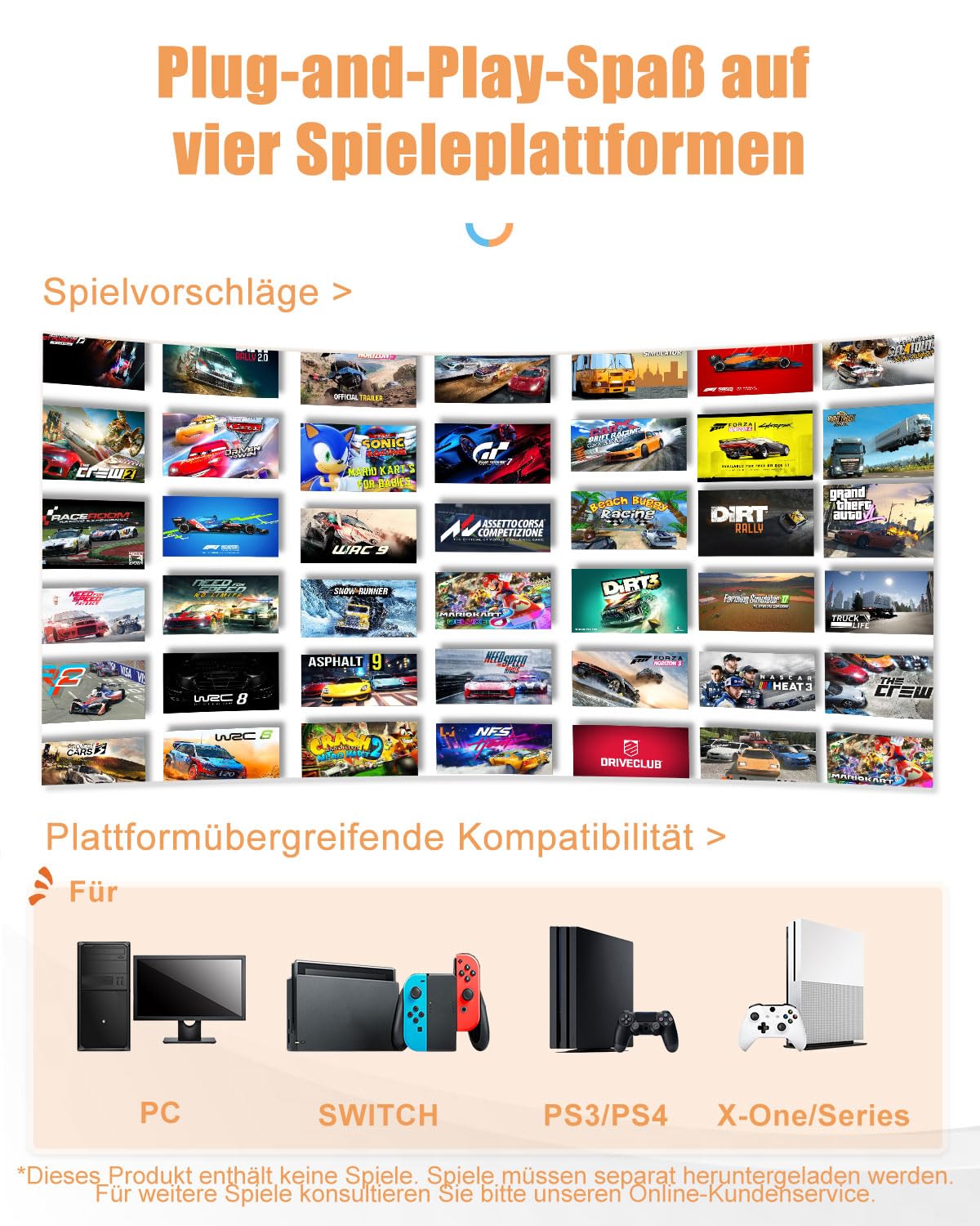 Gaming-Lenkrad mit Pedalen und Vibration, Orange