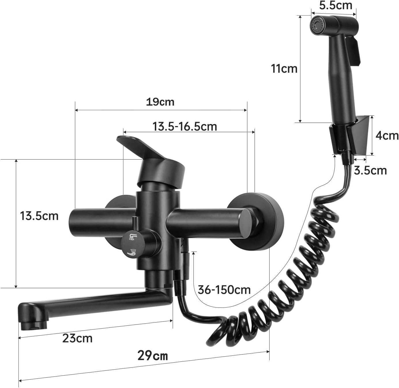 Küchenarmatur mit Spritzpistole, 2-wandarmatur Schwarz