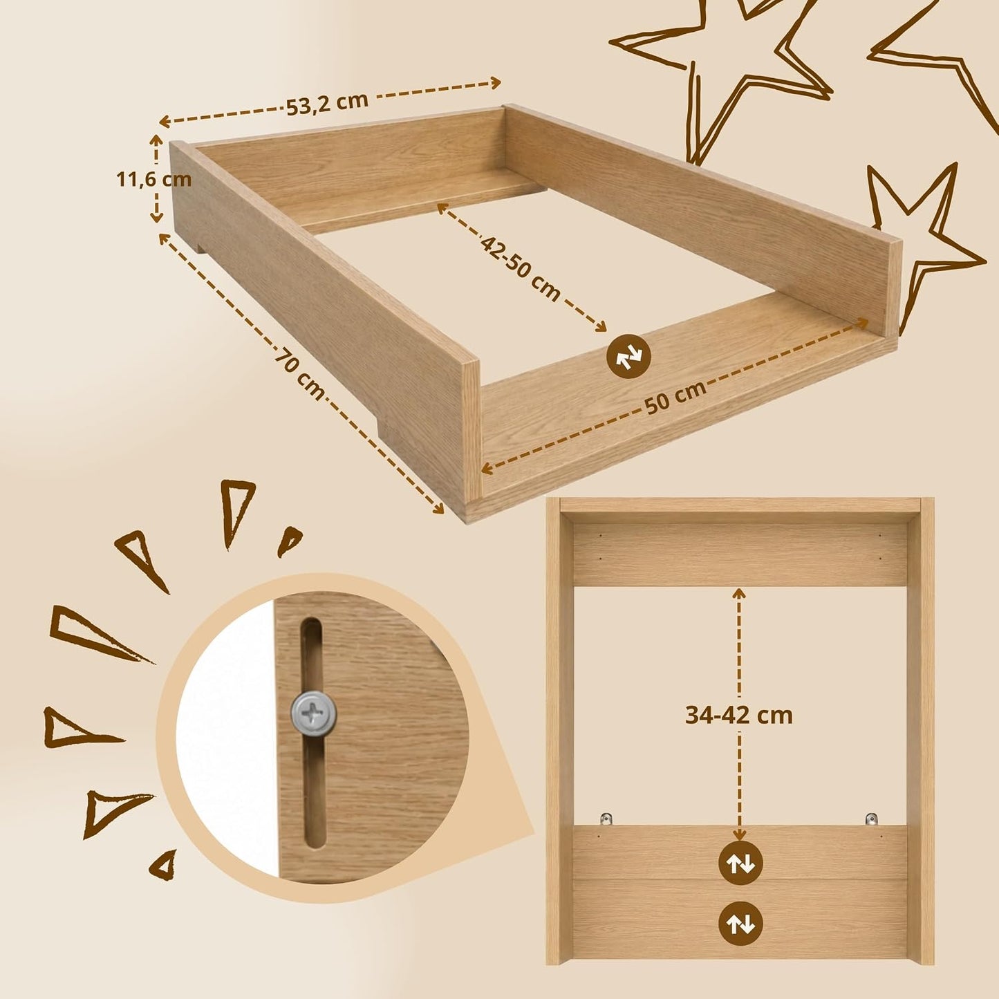 Wickeltischaufsatz für Kommoden, ausziehbar 53,2x70 cm, Eiche 53cm