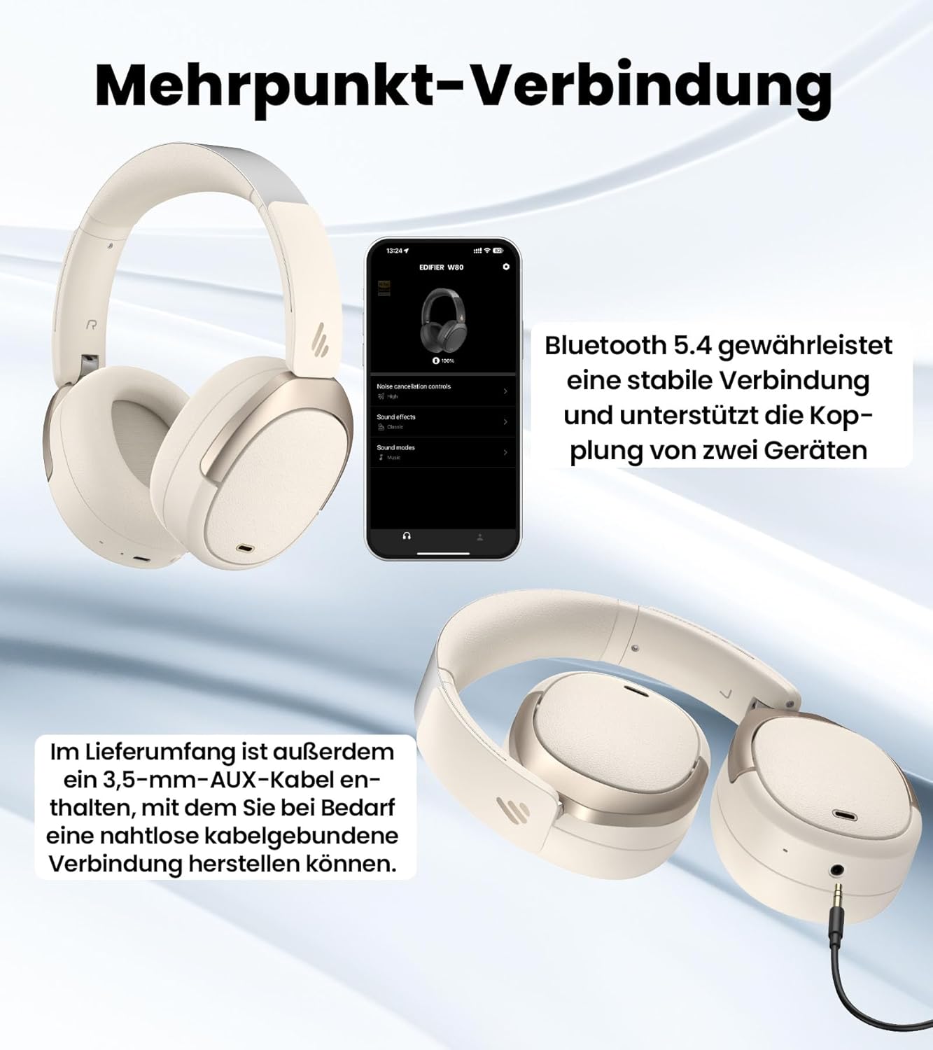 Faltbare Over-Ear-Kopfhörer W80 mit ANC und LDAC, W80 Elfenbein