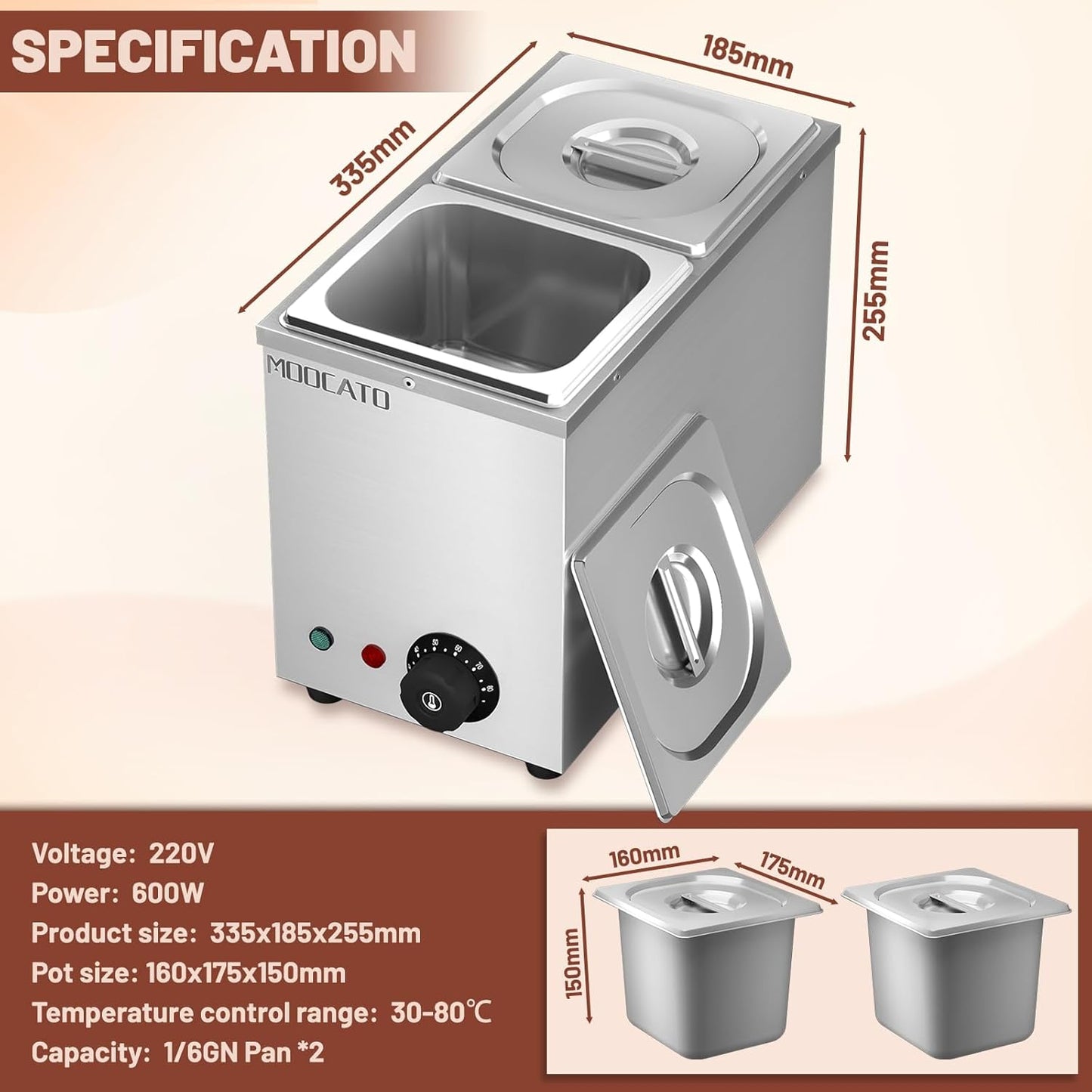 Schokoladenschmelzmaschine mit 2 Stück 1/6 GN Behälter